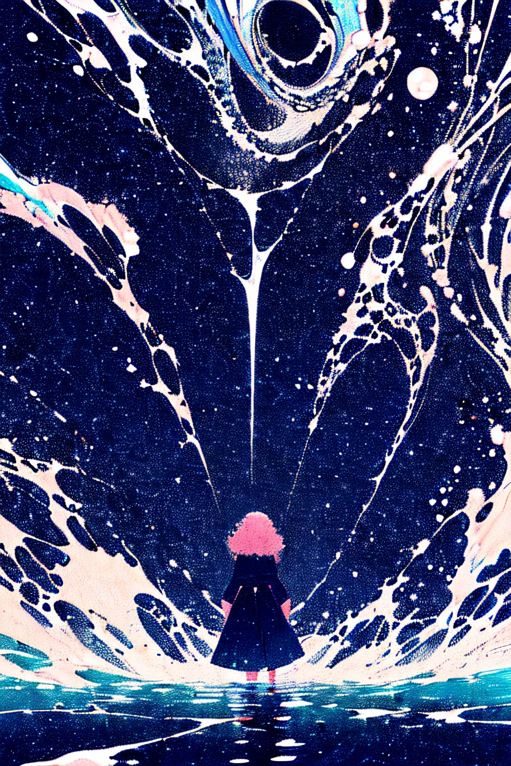 (Masterpiece, Top quality, Best quality, Beautiful and aesthetic:1.2), (1girll:1.3),( Flat color:1.3), high resolution, Extremely detailed, Original, , Colorful, colored splashing, water, spatter, standing, Atmospheric perspective, single hair intake, Curly hair, halfupdo,