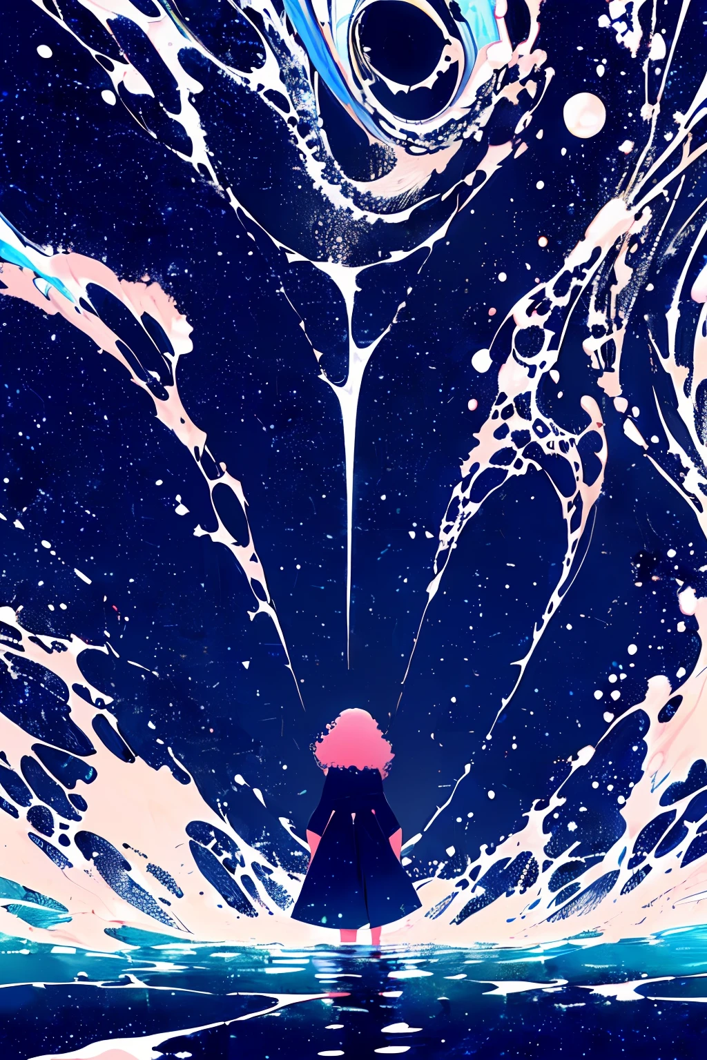 (Masterpiece, Top quality, Best quality, Beautiful and aesthetic:1.2), (1girll:1.3),( Flat color:1.3), high resolution, Extremely detailed, Original, , Colorful, colored splashing, water, spatter, standing, Atmospheric perspective, single hair intake, Curly hair, halfupdo,