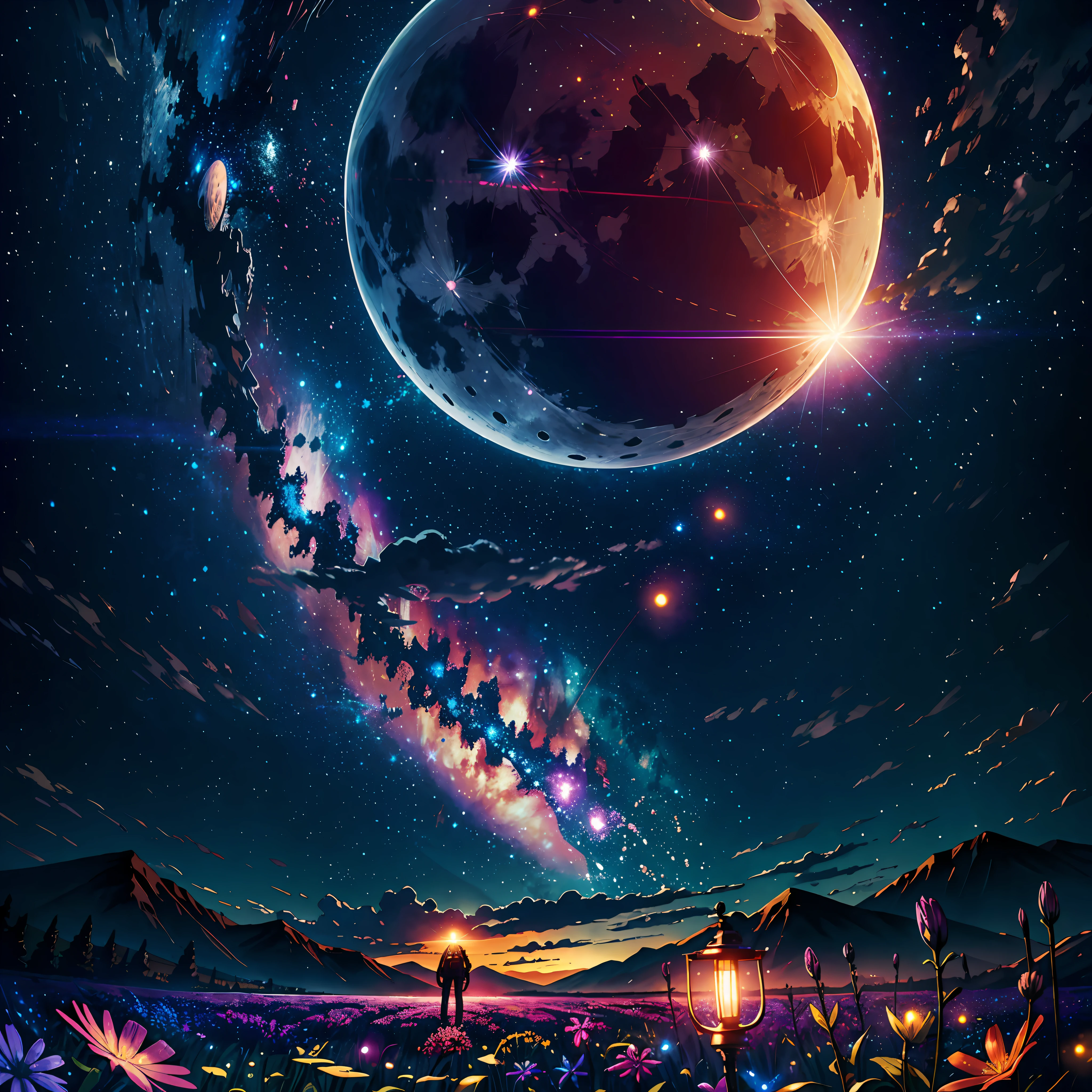 expansive landscape photograph , (a view from below that shows sky above and open field below), a girl standing on flower field looking up, (full moon:1.2), ( shooting stars:0.9), (nebula:1.3), distant mountain, tree BREAK
production art, (warm light source:1.2), (Firefly:1.2), lamp, lot of purple and orange, intricate details, volumetric lighting BREAK
(masterpiece:1.2), (best quality), 4k, ultra-detailed, (dynamic composition:1.4), highly detailed, colorful details,( iridescent colors:1.2), (glowing lighting, atmospheric lighting), dreamy, magical, (solo:1.2)