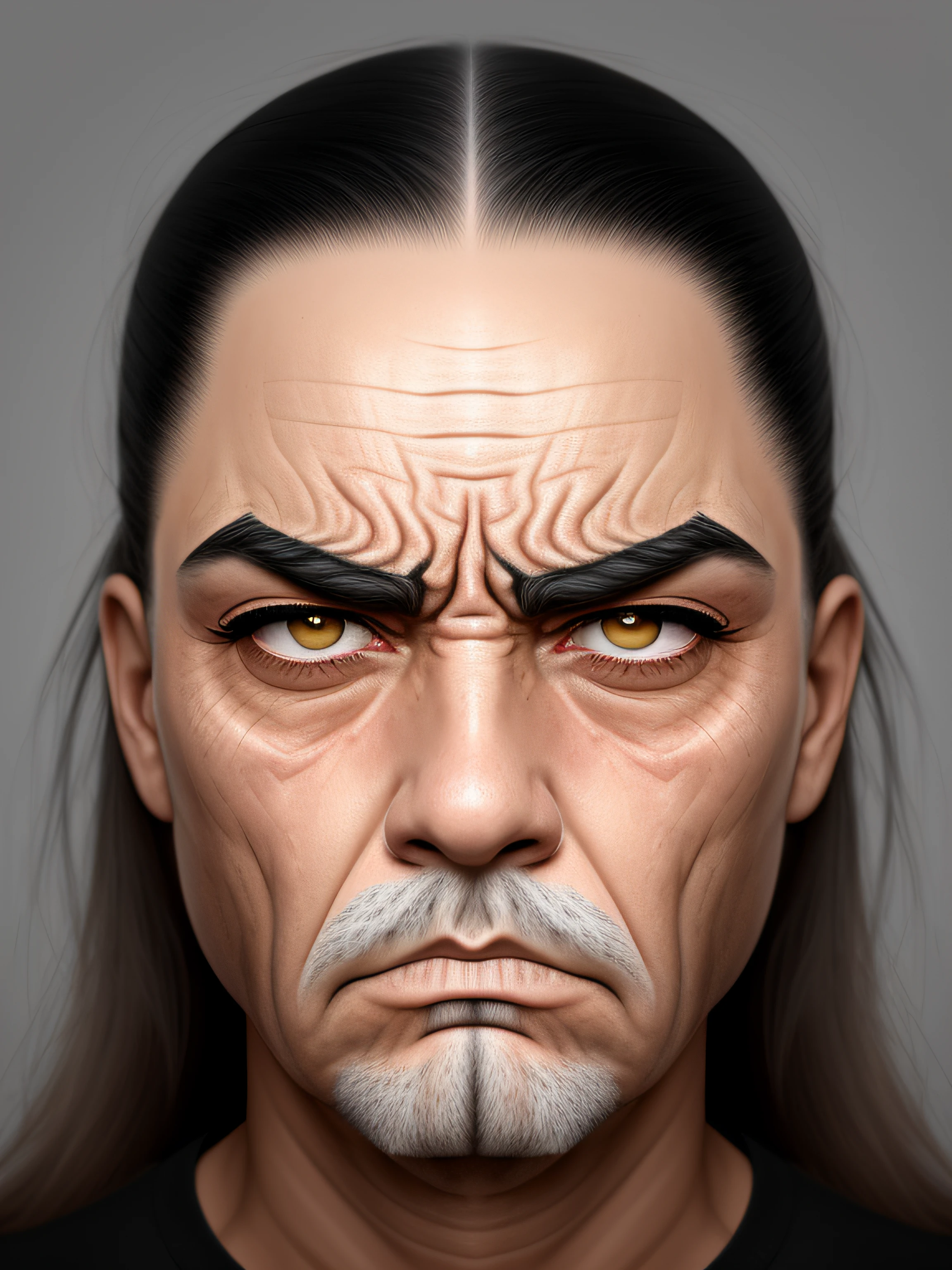 imagem arrogante de um homem com uma cara muito grande no rosto, Perfect eyelashes, face severa, stern expression, angry expression, mal-humorado [ velho ], angry facial expression, angry looking at camera, cara de raiva, homem zangado, very angry expression, arte digital muito realista, olhar irritado, cara de zangada, parecendo irritado, Scowling, olhar severo, pintura digital ultra realista