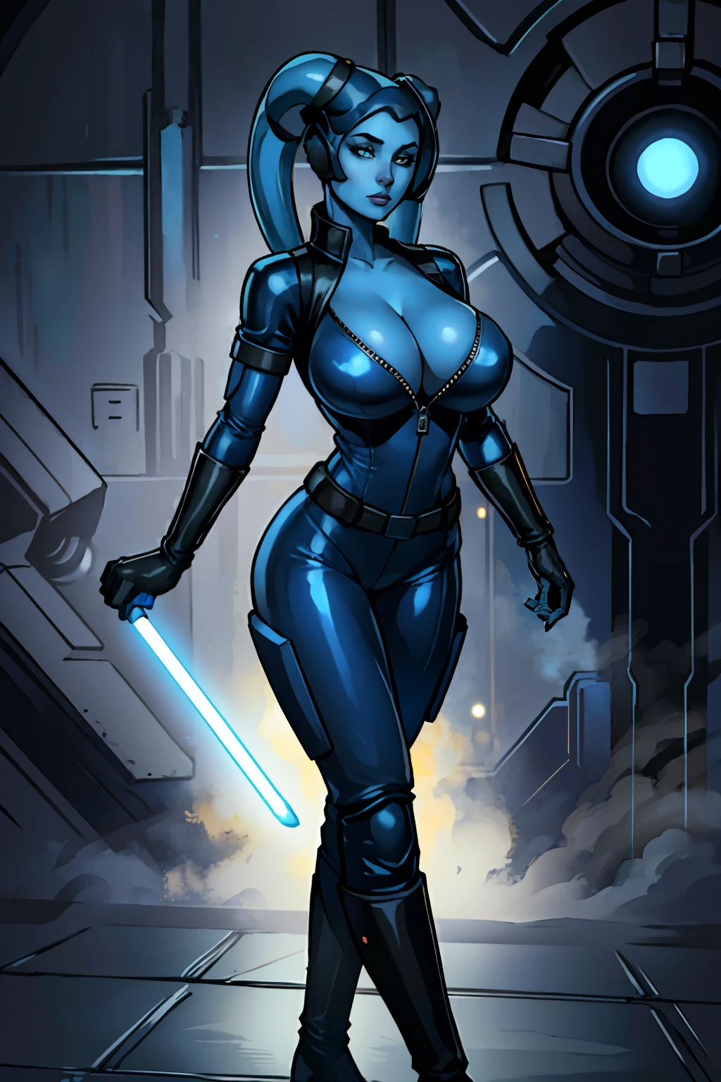 (masterpiece:1.2, best quality:1.2, beautiful, high quality, highres:1.1, aesthetic), detailed, extremely detailed, ambient soft lighting, 4K, perfect eyes, perfect face, perfect lighting, 1girl, (((blue skin)), twi'lek), (wearing black leather jumpsuit, flight suit, unzipped, utility belt, fingerless gloves, rolled sleeves, long boots, ((busty), slender body, thin, slim sexy body, slim waist, (((huge breasts), big cleavage))), Imperial starship, Star Wars,