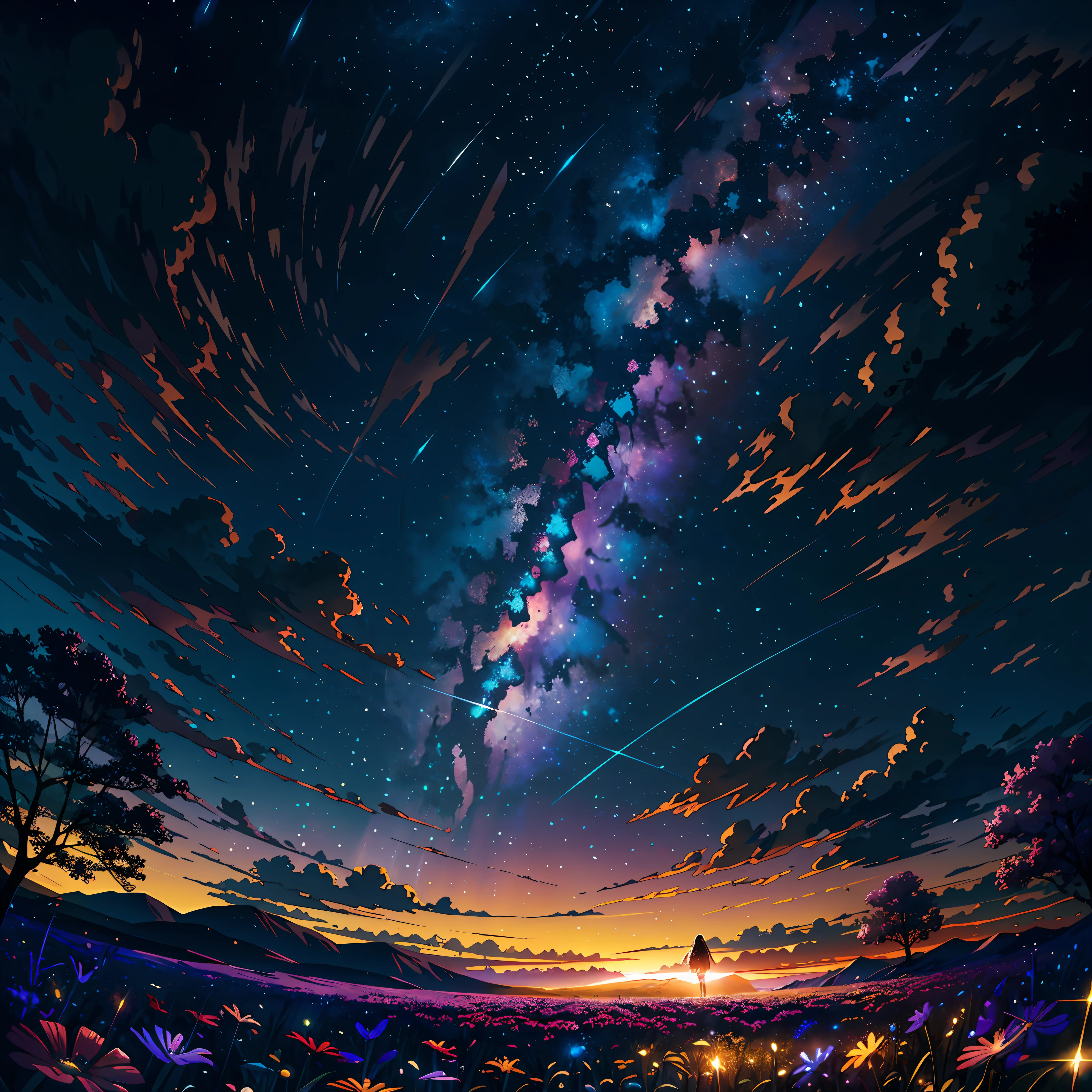 expansive landscape photograph , (a view from below that shows sky above and open field below), a girl standing on flower field looking up, (full moon:1.2), ( shooting stars:0.9), (nebula:1.3), distant mountain, tree BREAK
production art, (warm light source:1.2), (Firefly:1.2), lamp, lot of purple and orange, intricate details, volumetric lighting BREAK
(masterpiece:1.2), (best quality), 4k, ultra-detailed, (dynamic composition:1.4), highly detailed, colorful details,( iridescent colors:1.2), (glowing lighting, atmospheric lighting), dreamy, magical, (solo:1.2)
