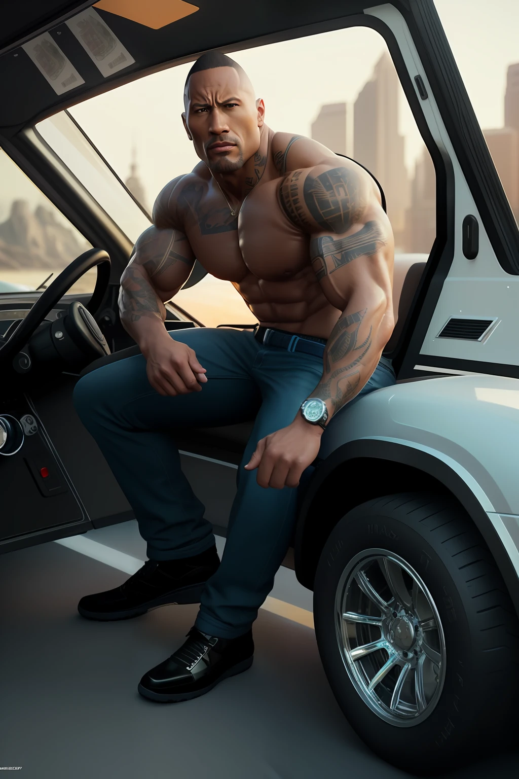 Ice Cream Truck, Dwayne Johnson as a Ice Cream Truck Driver,tattoos, overly detailed, enlightened, muscular body, angry, full body, zoomed out, Elegant, mysterious, spy, Alluring, Ornate, Godlike, Looks at lens, Battle ready, Vibrant, Portrait, 16mm, high Contrast, Clean, High resolution, 4K, 3d Octane render, cinematic lighting, Dynamic, hyper realistic, by makoto shinkai, stanley artgerm lau, wlop, rossdraws, concept art, digital painting, looking into camera