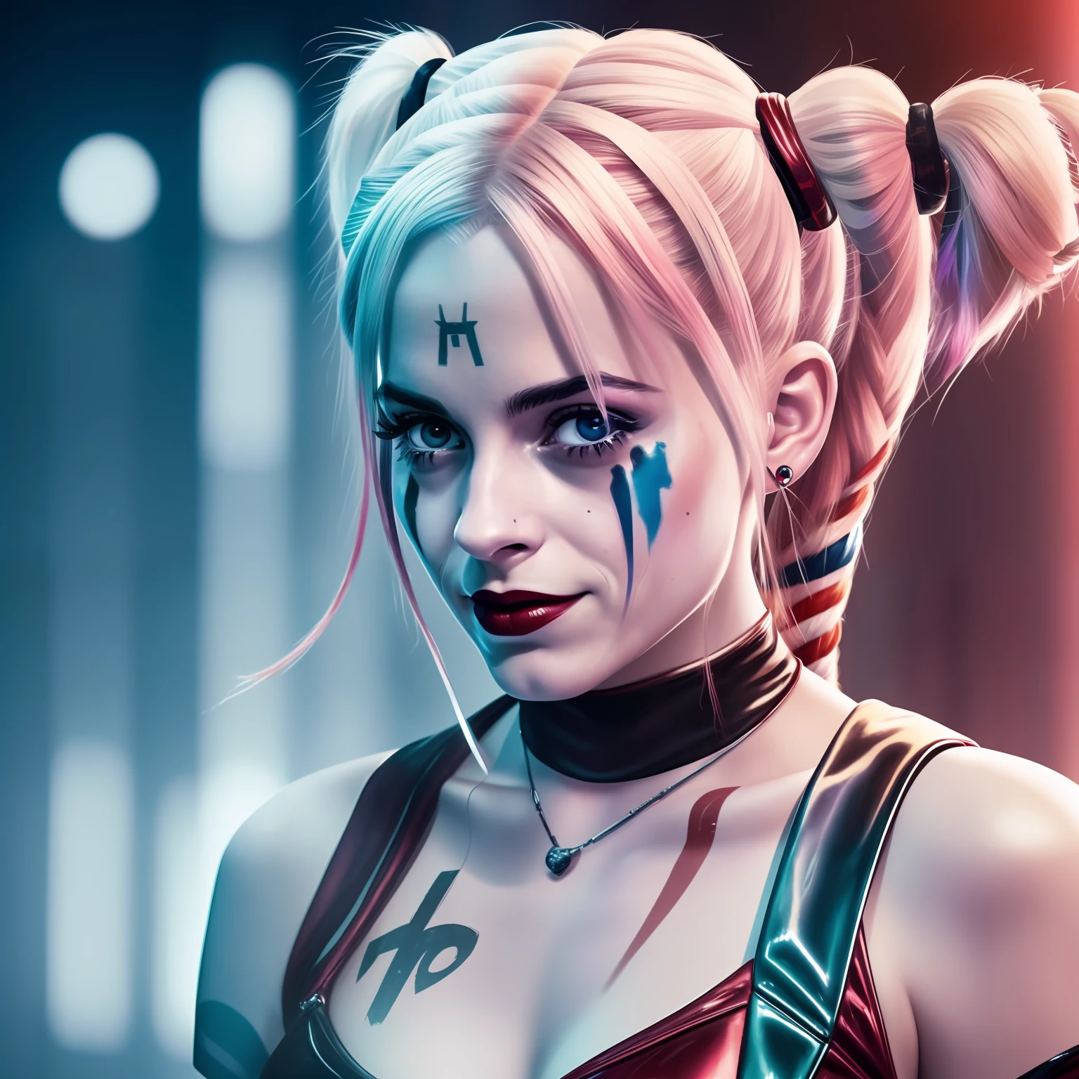 a close up of a person, full body, film still of harley quinn, harley quinn film still, harley quinn, 4 k ], 4k], harley quinn standing, emma watson as harley quinn, emma watson is harley quinn, of harley quinn, lady gaga is harley quinn, harley queen, cinematic photo 4k, margot robbie as harley quinn