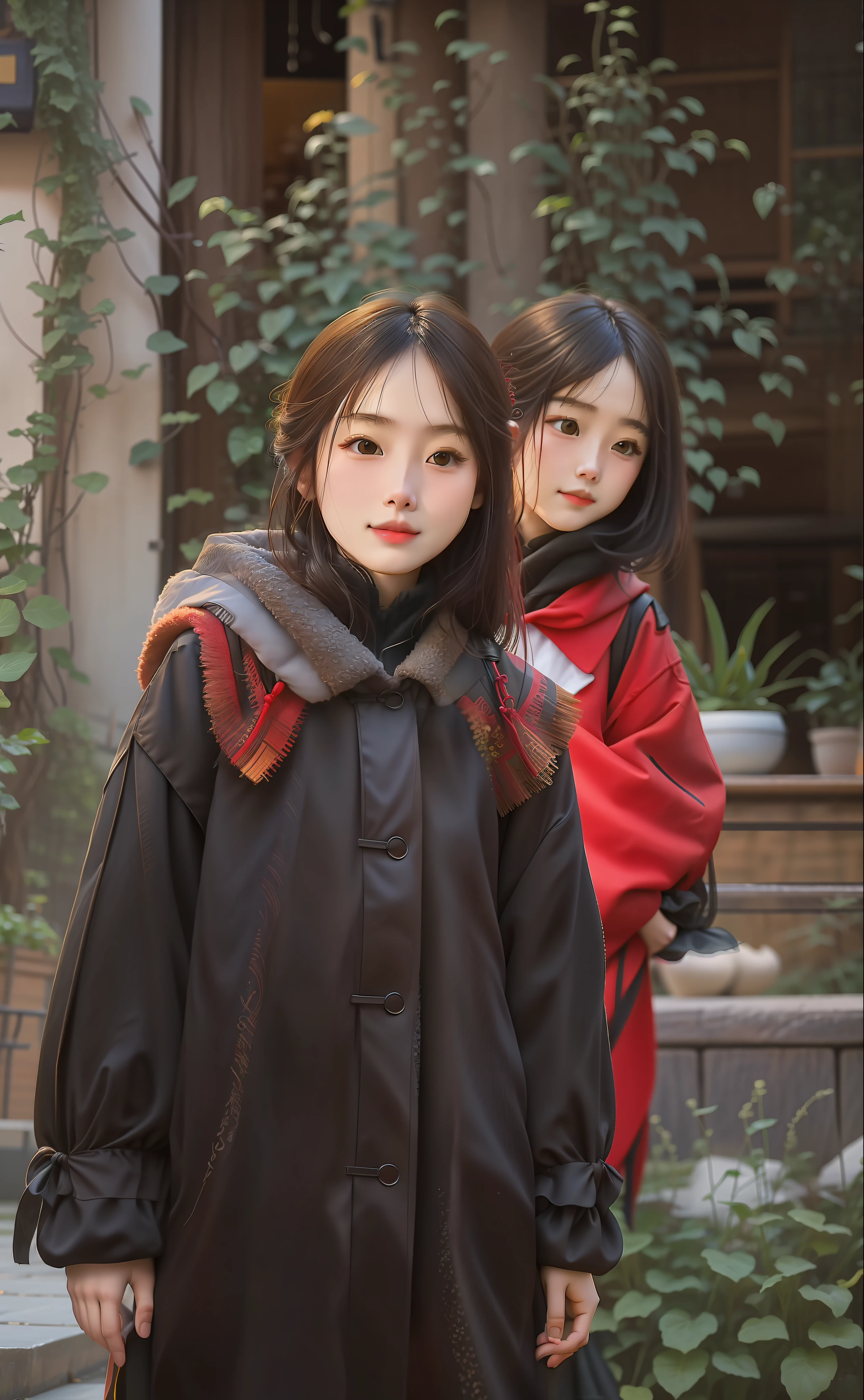 There are two women standing side by side in the garden, Two girls, Young women, Ruan Jia and Fenghua Zhong, Two women, Young Asian girl, photo taken with canon 5d, Chinese girl, Sisters, f / 1. 9 6. 8 1 mm ISO 4 0, Young girls, zmonzheng, portrait picture
