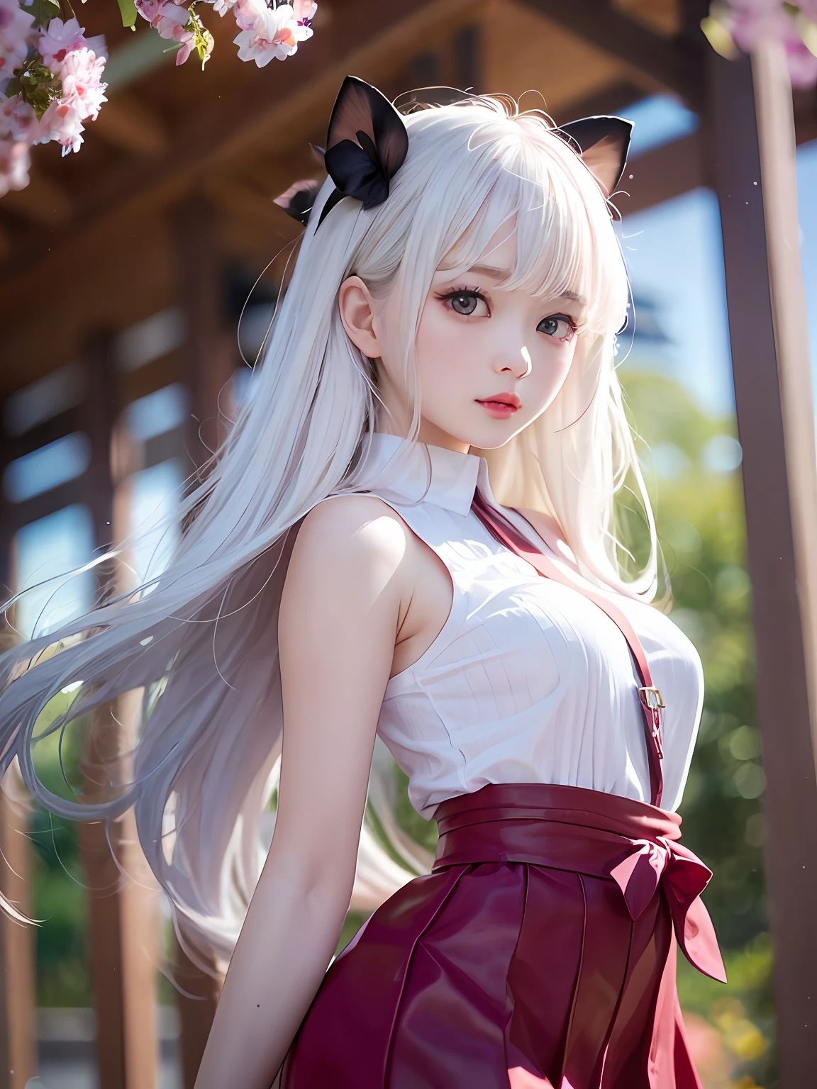 realisitic、女の子1人、white  hair、Purple eyes、radiant eyes、cropped top、skirt by the、Parted lips、red blush、natta、florals、suns、sunlights、fullnude、a short skirt、medium lenght hair、realisitic、Warm colors、Light background color、Japan-China environment、Light color background、Saudi、Mare、cute little、A sexy