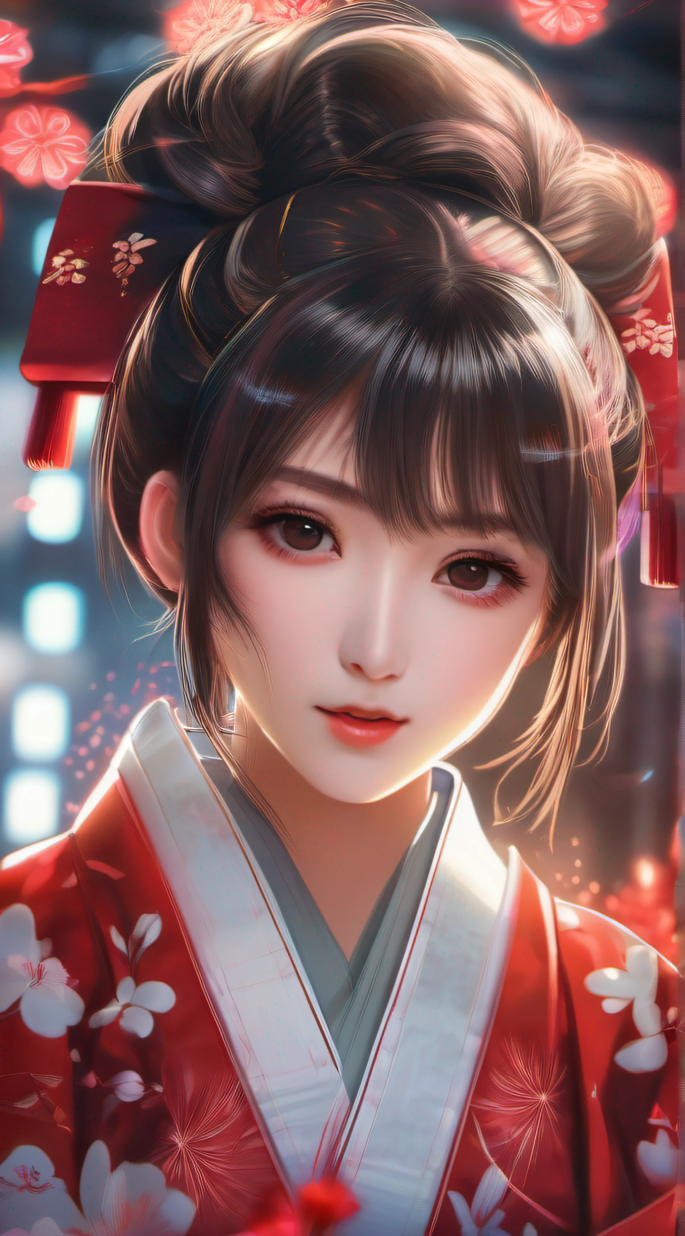 8k, RAW, highest quality, super high resolution, 1girl, portrait, super definition, high resolution, solo, beautiful girl, shining eyes, perfect eyes, beautiful Japanese girl, realistic young gravure idol, red floral yukata, fireworks background, high quality