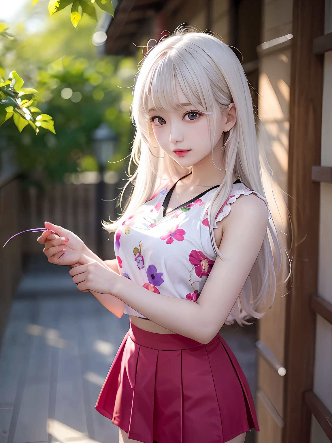 realisitic、1人、white hair、Purple eyes、radiant eyes、cropped top、skirt by the、Parted lips、red blush、natta、florals、suns、sunlights、fullnude、a short skirt、medium lenght hair、realisitic、Warm colors、Light background color、Japan-China environment、Light color background、Saudi、Mare、cute little、A sexy