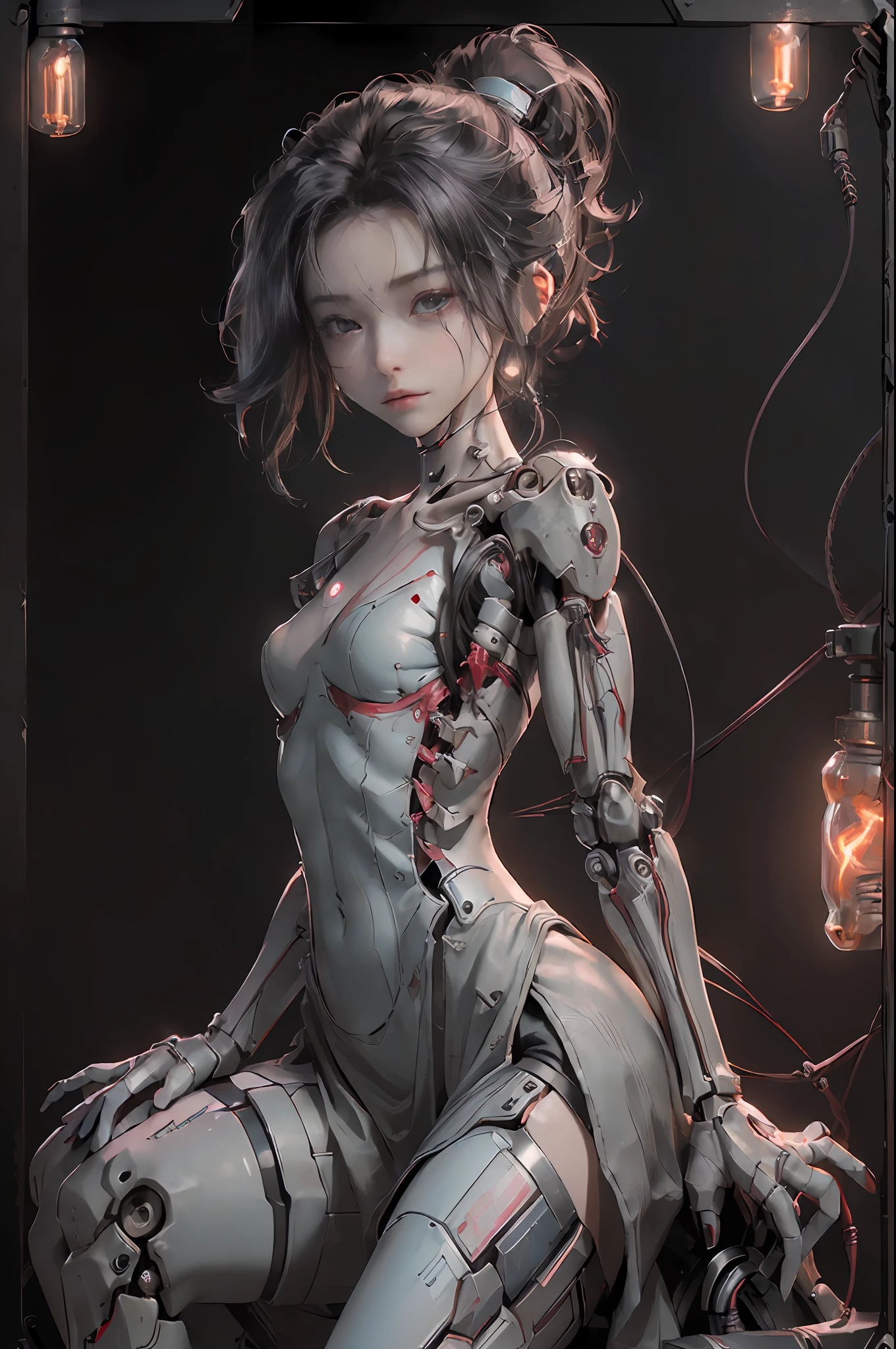 (((masterpiece))), ((best quality))), ((ultra-detailed)), (CG illustration), (an extremely devious and beautiful)), (cute desktop face), cinematic light, ((1 mechanical girl)), solo, whole body, (machine-made joints). : 1.4), ((mechanical limbs)), (bursting muscles), (blood vessels attached to tubes), (brain in containers: 1.3), ((mechanical vertebrae attached to the back)), ((mechanical cervical vertebrae attached to the neck)), ((sitting)), expressionless, (wires and cables attached to the head and body: 1.5), small breasts, short hair, (character focus), five slender fingers, beautiful fingers, science fiction, hands tied to a stool.