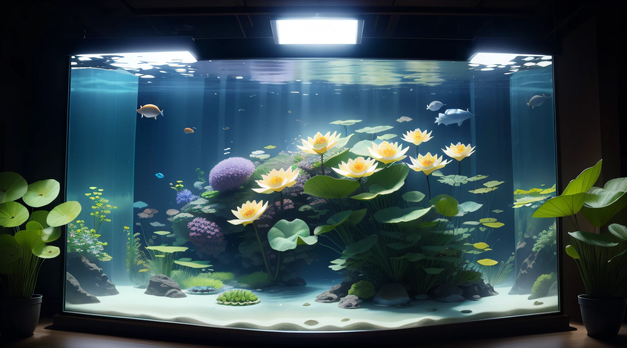 Giant aquarium in an aquarium、Multiple lotus flowers in the aquarium、top-quality、8K、​masterpiece、a picture、Photorealsitic、Raw photography、top-quality、high-detail、真实感、photos realistic、Professional color correction