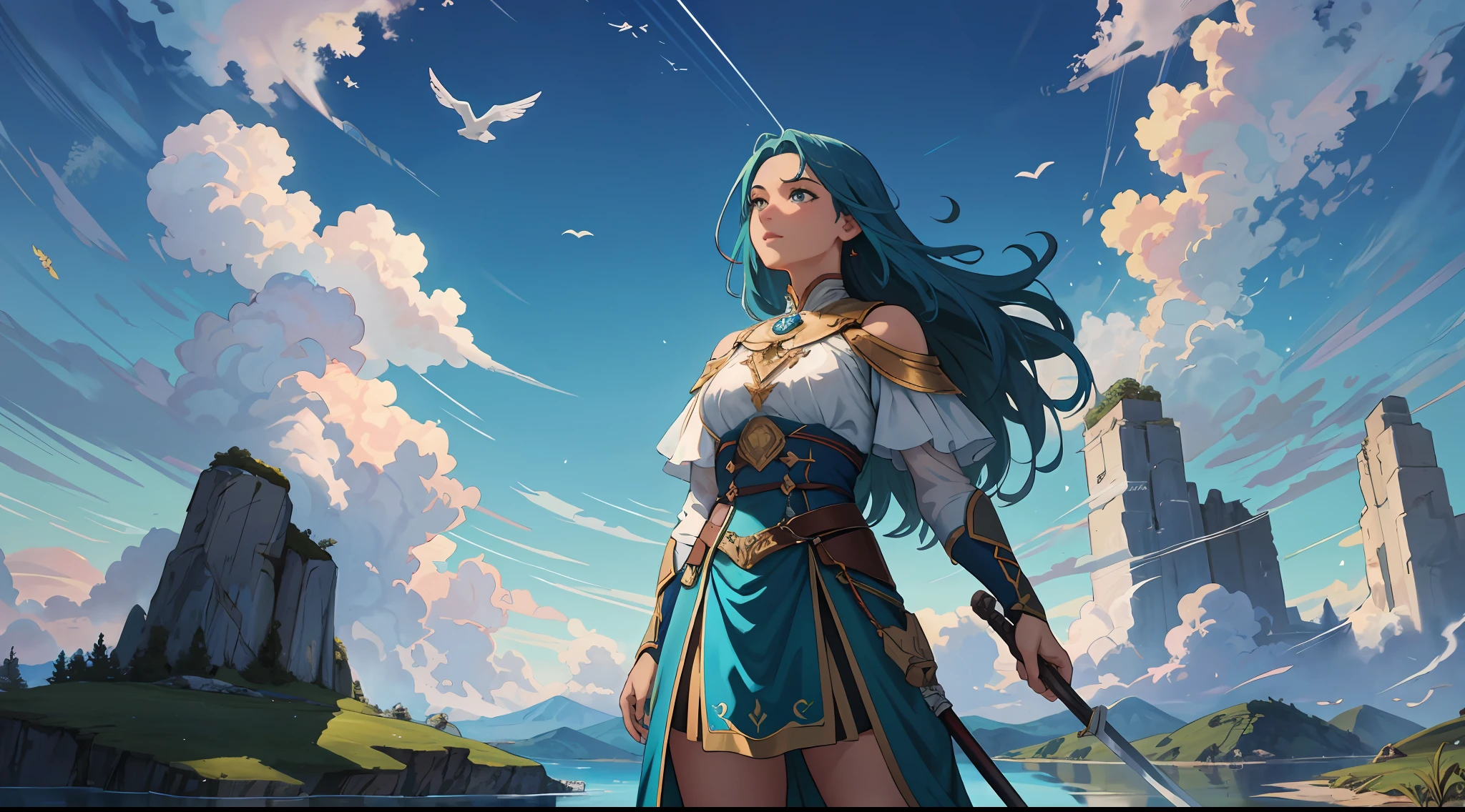 fotografia de paisagem expansiva, (a view from below that shows the sky above and the open field below), A warrior woman standing in a lake looking up holding her sword to the heavens in search of a blessing, nuvens, birds, montanha distante, brazi, Production art, (fonte de luz quente: 1.2), animais selvagens, folhas ao vento, muito verde e azul, detalhes complexos, volumeric lighting, Realismo, obra-prima, melhor qualidade, 4k, ultra-detalhado, dynamic compositing, altamente detalhado, detalhes coloridos, (cores iridescentes: 1.2), (bright illumination, Atmospheric Illumination), sonhador, Magia, sozinha
