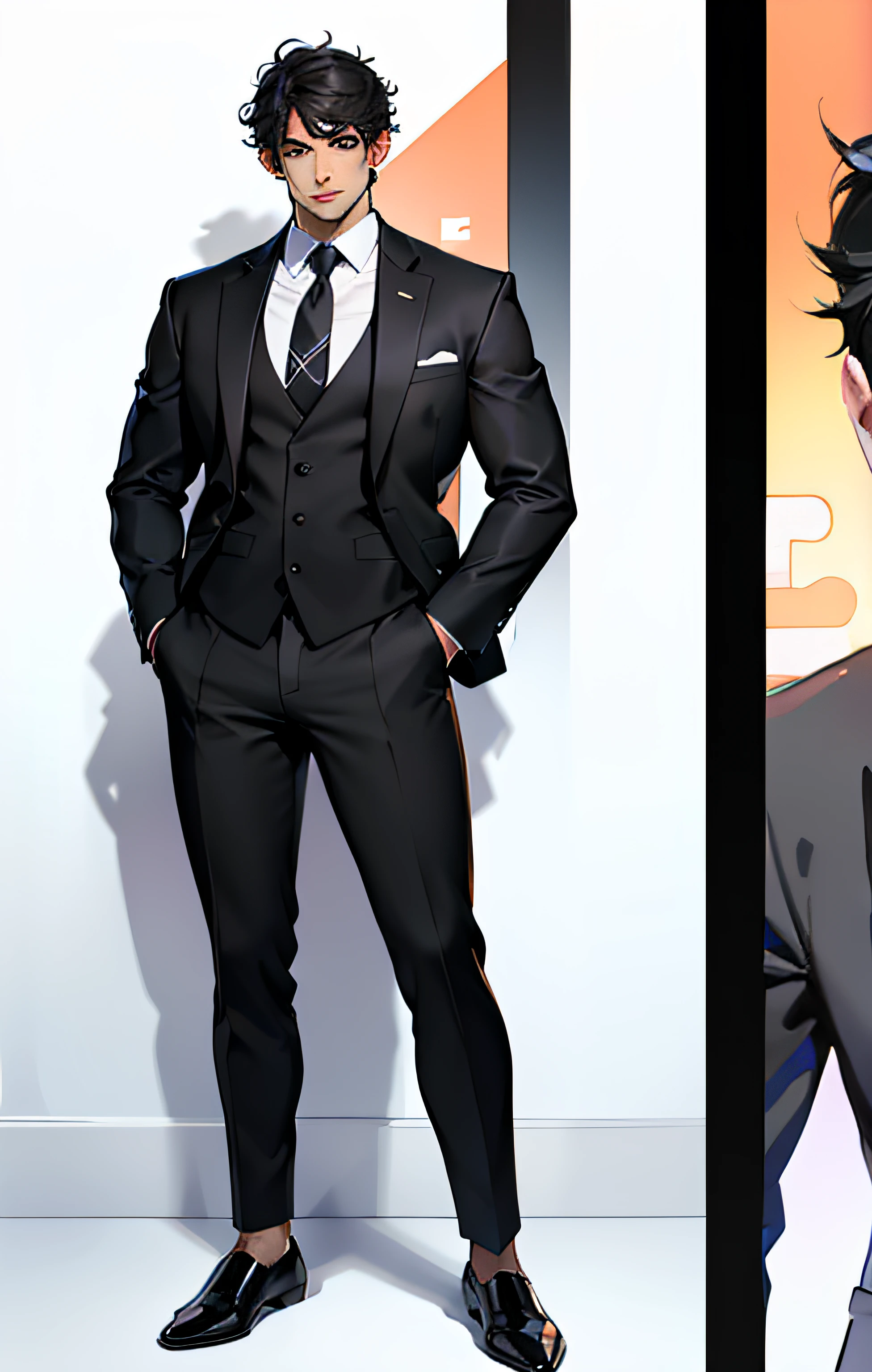 (masterpiece:1.2), (best quality:1.2), face:1.2, natural eyes, 1man, short black curly hair, asian, full body, (in suits), large bulge, (black socks), long legs, looking at viewer, 25 years old, a man standing in front of the camera, in the clear white background