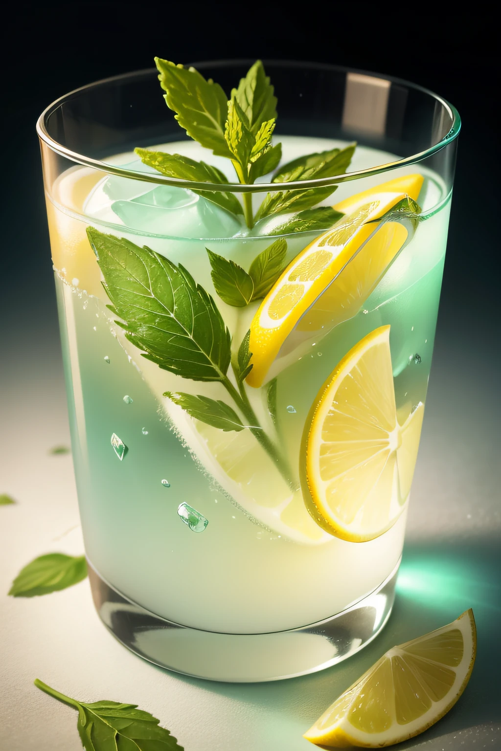 9 ice cubes,There are mint leaves between the ice cubes,Lemon slices in the ice,tmasterpiece,Need,The colors are bright and vibrant