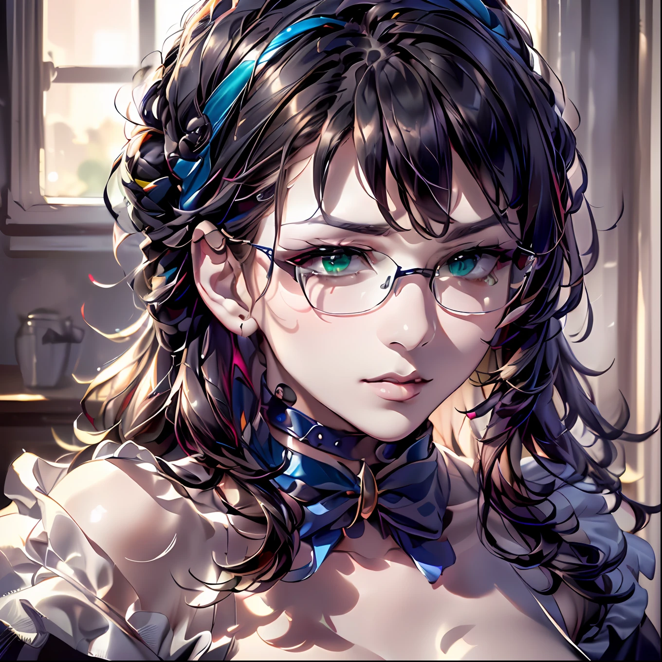 (64k, RAW photo, highres, best quality, masterpiece:2.0), (ultra-fine depiction of the detail:2.0), (realistic, beautiful, photo-realistic:1.3), 1girl, (yuri alpha), (long black hair, slightly messy), (single braid bun), (shiny black hair, blue-gray eyes),(cool glasses), (gothic style vivid blue choker), (blue bowtie and ribbon) (simple but high-quality maid dress), (elaborately designed, vivid dark emerald green, spiked gantlets), (solemn maid dress with gothic style coreset), (huge breasts, sexy cleavage), (elegant and handsome woman), (shiny skin, pink lips), (looking at the viewer), (closed mouth, a faint smile), (in a study room, filled with solemn atmosphere), (highly sophisticated professional HDR, with effective ambient occlusion, perfectly optimized effective spot light and front light:1.8), (perfect, natural, harmonious composition), (photo-realistic, ultra-detailed:1.5), ((portrait:1.6))