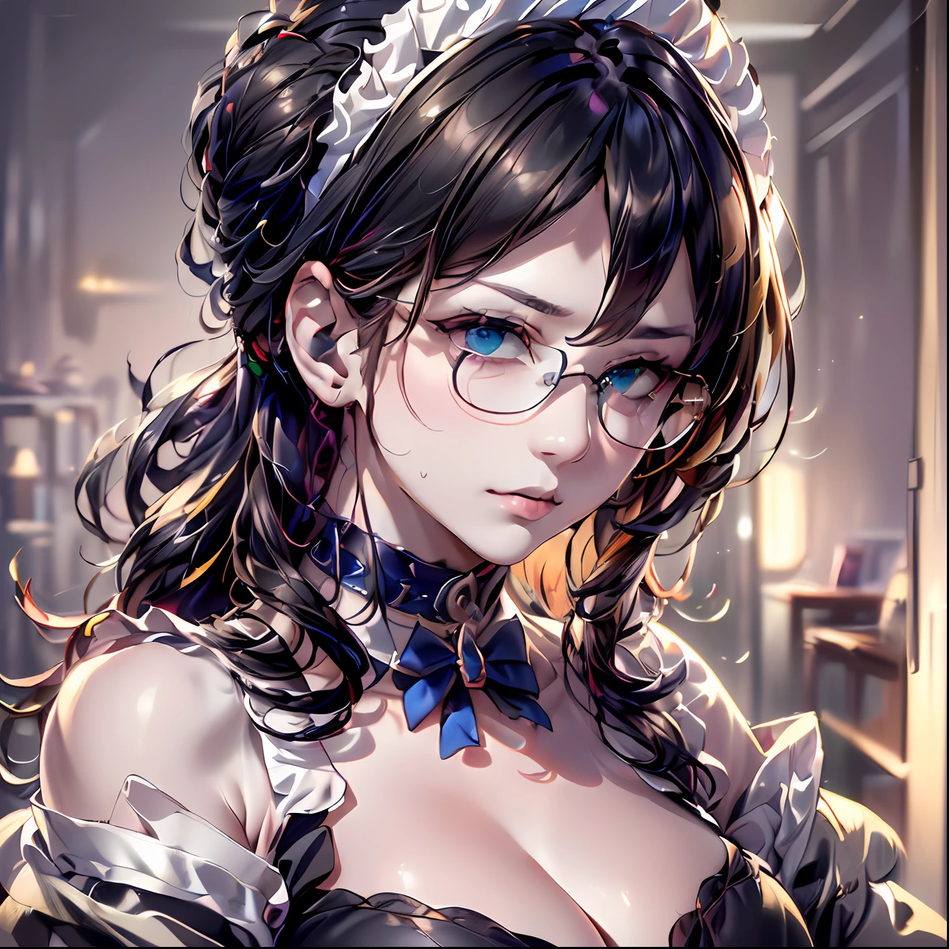 (64k, RAW photo, highres, best quality, masterpiece:2.0), (ultra-fine depiction of the detail:2.0), (realistic, beautiful, photo-realistic:1.3), 1girl, (yuri alpha), (long black hair, slightly messy), (single braid bun), (shiny black hair, blue-gray eyes),(cool glasses), (gothic style vivid blue choker), (blue bowtie and ribbon) (simple but high-quality maid dress), (elaborately designed, vivid dark emerald green, spiked gantlets), (solemn maid dress with gothic style coreset), (huge breasts, sexy cleavage), (elegant and handsome woman), (shiny skin, pink lips), (looking at the viewer), (closed mouth, a faint smile), (in a study room, filled with solemn atmosphere), (highly sophisticated professional HDR, with effective ambient occlusion, perfectly optimized effective spot light and front light:1.8), (perfect, natural, harmonious composition), (photo-realistic, ultra-detailed:1.5), ((portrait:1.6))