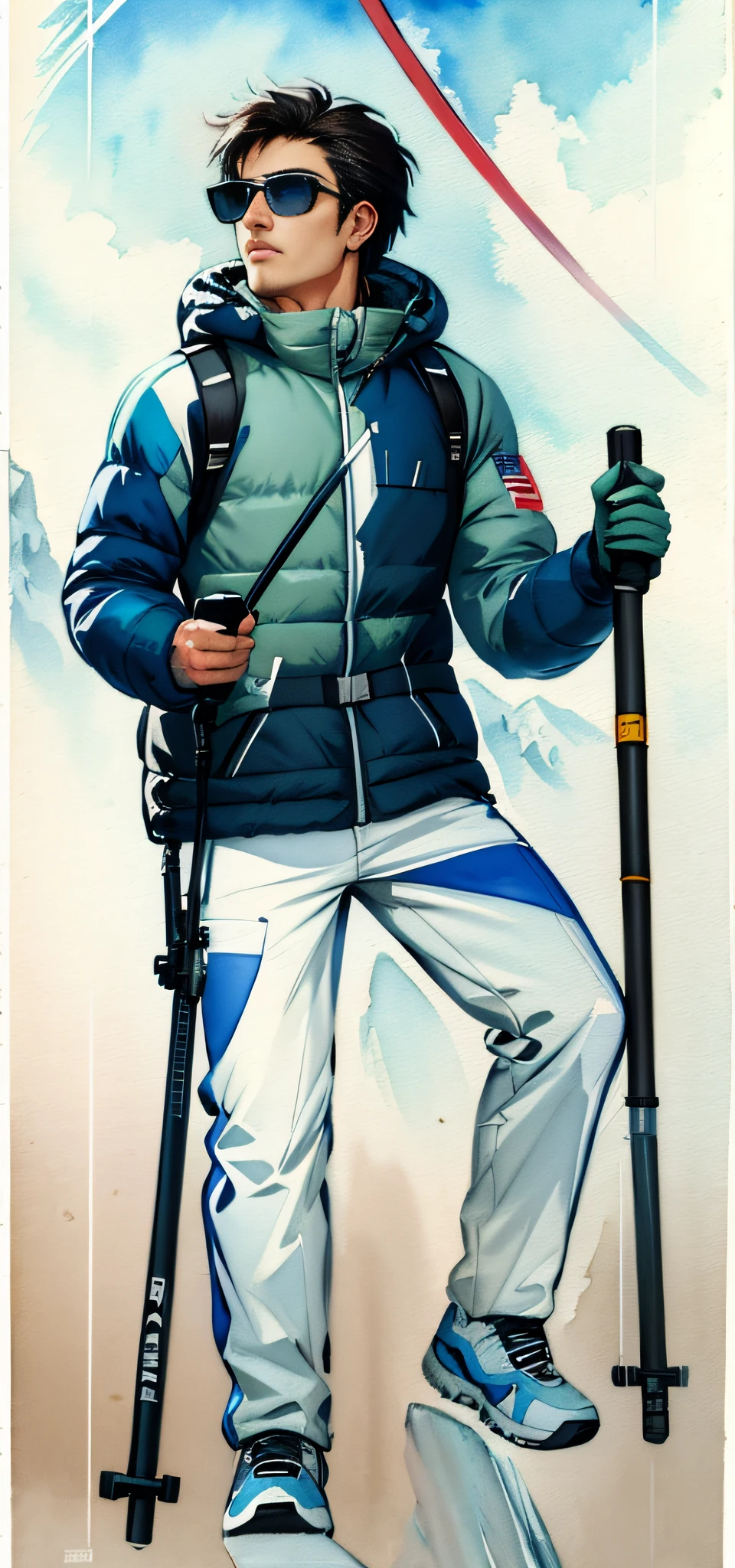 mountaineering,Storm jacket，trekking poles，neo-classical, Depth of field, Best quality, Super detail，Masterpiece，Manhwa Style，illustrated，Line art，watercolor ，realistic，oil painting，comic poster，shinkawa youji