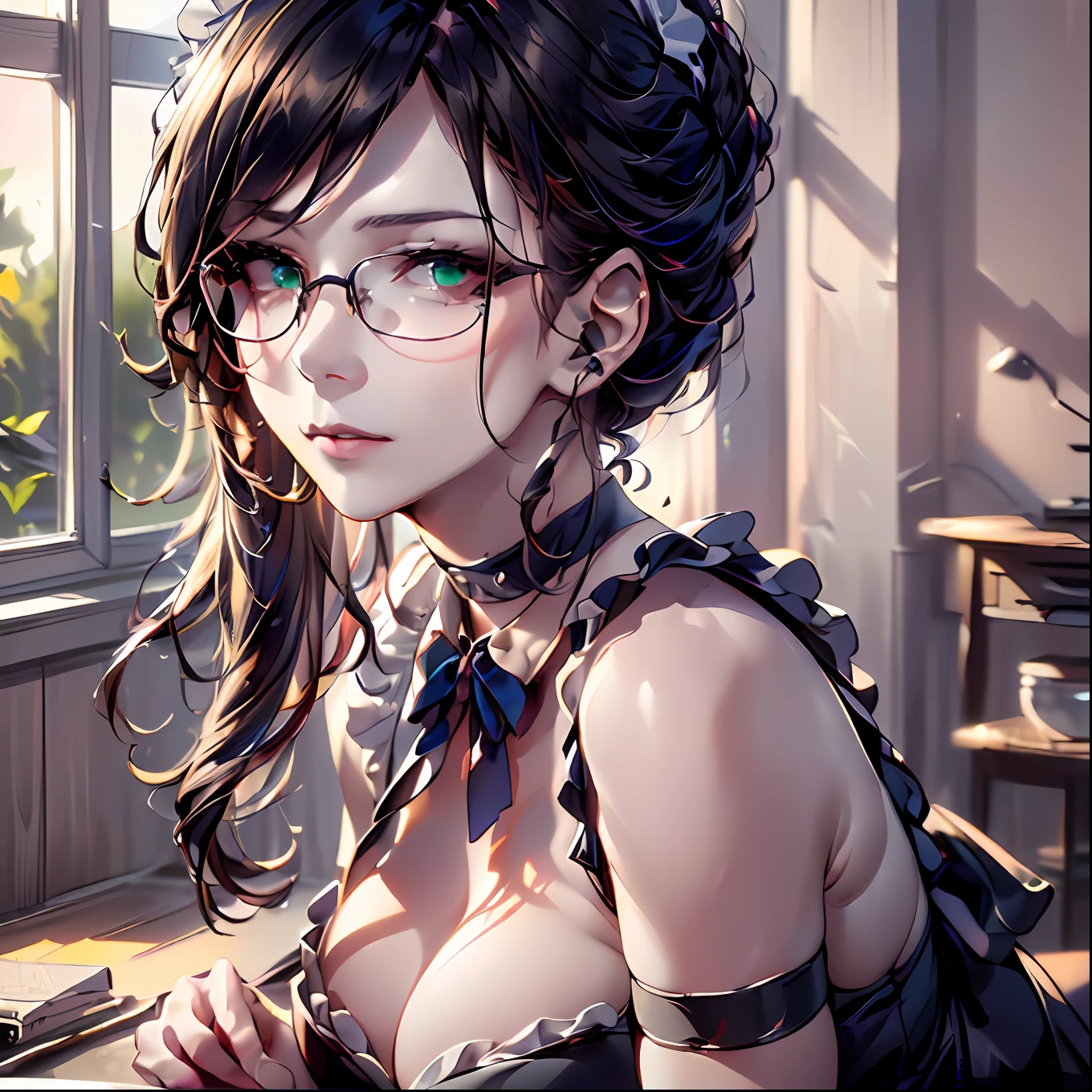 (64k, RAW photo, highres, best quality, masterpiece:2.0), (ultra-fine depiction of the detail:2.0), (realistic, beautiful, photo-realistic:1.3), 1girl, (yuri alpha), (long black hair, slightly messy), (single braid bun), (shiny black hair, blue-gray eyes),(cool glasses), (gothic style vivid blue choker), (blue bowtie and ribbon) (simple but high-quality maid dress), (elaborately designed, vivid dark emerald green, spiked gantlets), (solemn maid dress with gothic style coreset), (huge breasts, sexy cleavage), (elegant and handsome woman), (shiny skin, pink lips), (looking at the viewer), (closed mouth, a faint smile), (in a study room, filled with solemn atmosphere), (highly sophisticated professional HDR, with effective ambient occlusion, perfectly optimized effective spot light and front light:1.8), (perfect, natural, harmonious composition), (photo-realistic, ultra-detailed:1.5), ((portrait:1.6))
