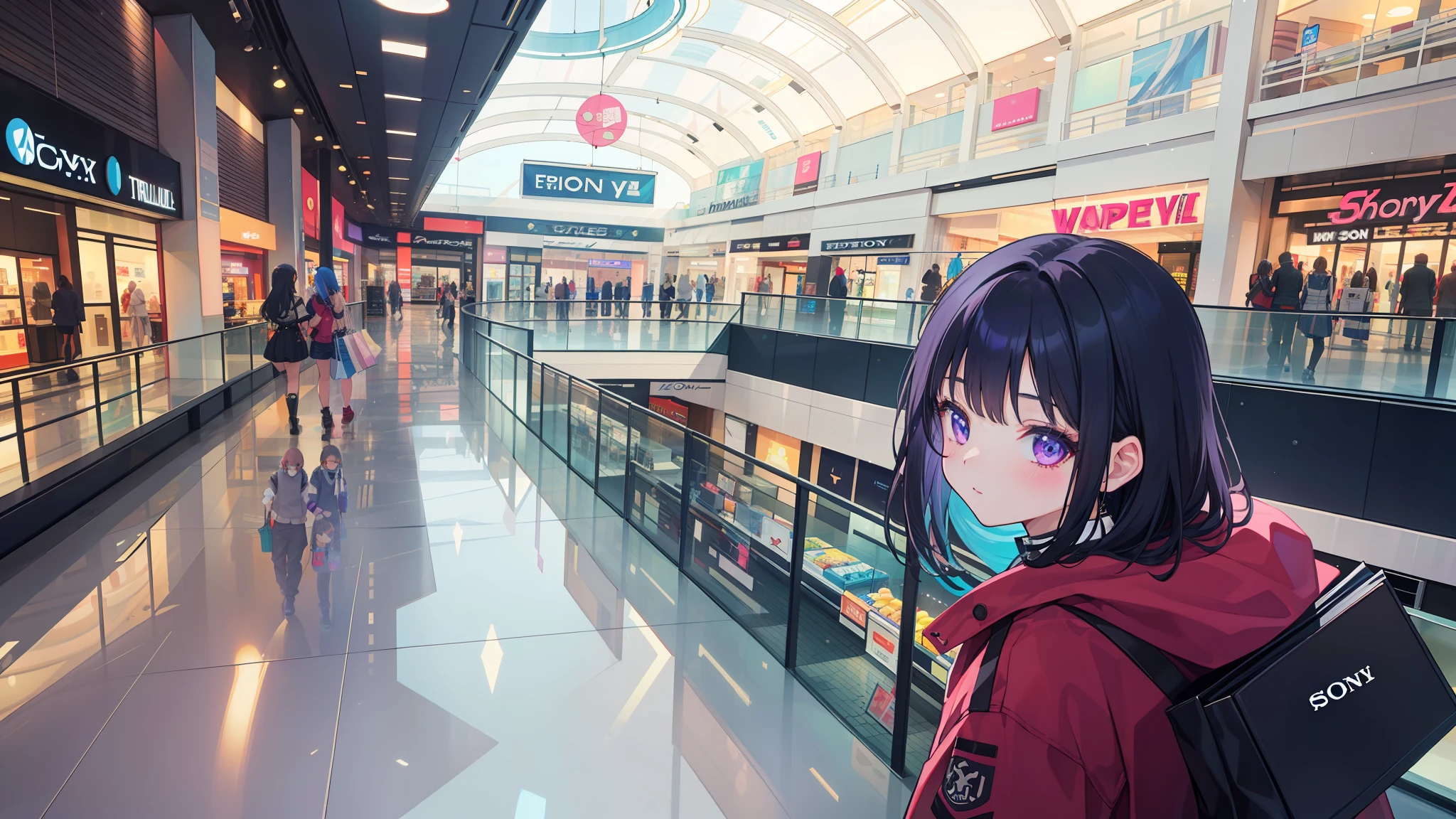 two girls wearing face masks in a mall with a shopping center, in a mall, in magnificent shopping mall, at a mall, on a futuristic shopping mall, appearing in a shopping mall, shopping mall, mall, mall background, people shopping, taken with sony alpha 9, vaporwave mall aesthetic, malls, wide long shot, wide long view