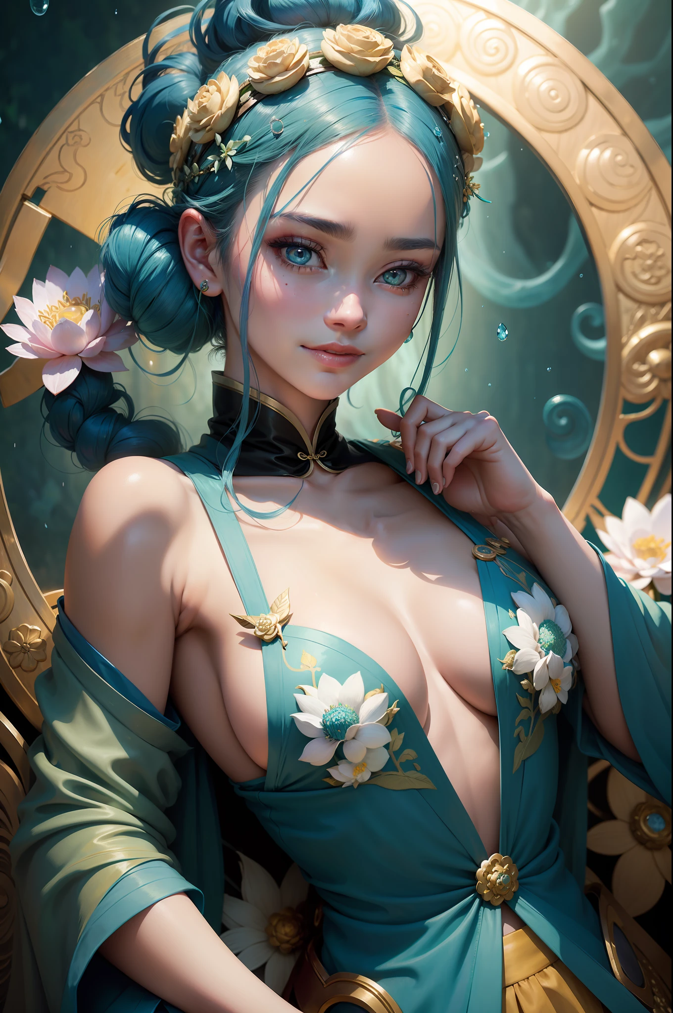 doughnut hair bun, blue hair, forehead mark, head wreath, mole under eye, amber eyes, color contact lenses, seductive smile, rococo style, vignetting, close-up, diffraction spikes, masterpiece,A woman in Han clothes,Surrounded by lotus flowers,The woman lies on her side on a bluestone slab,Rain soaked green Hanfu