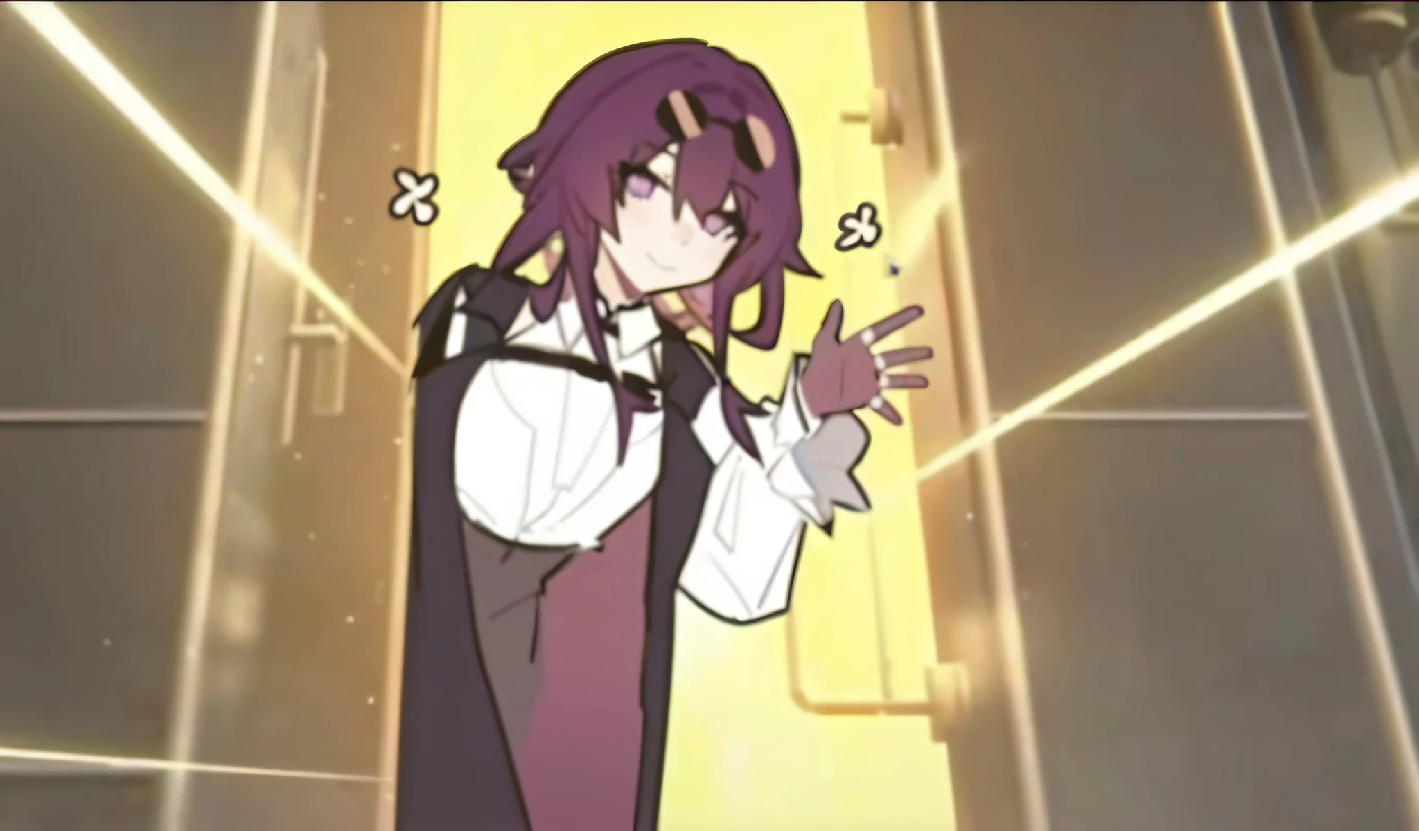 Purple colored hair，Anime characters in white shirts and black vests, anime moe art style, with index finger, anime style like fate/stay night, Ayaka Genshin impact, hajime yatate, va-11 hall-a, From Arknights, gapmoe yandere, ufotable art style, Also, A scene from the《azur lane》videogame