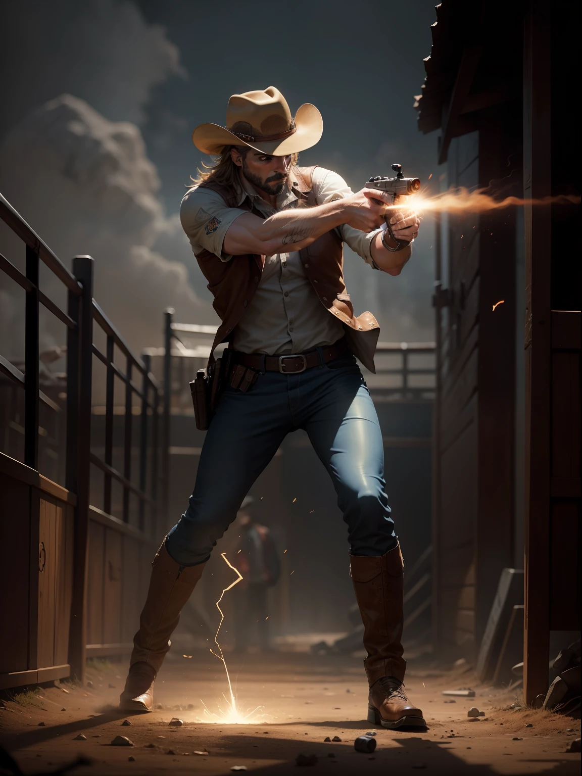 A Dramatic flash as a cowboy wearing Cowboys clothes, Cowboys hat and bring a pistol, cinematic, extreem realistic, extreem detailed, extreem Sharp, full body shot