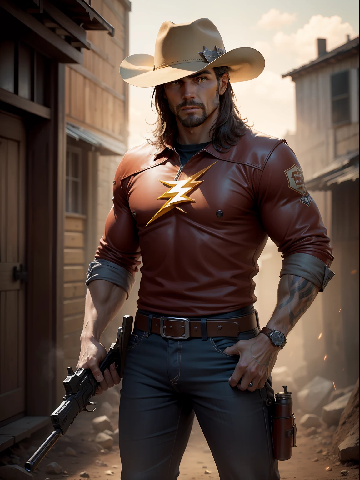 A Dramatic flash as a cowboy wearing Cowboys clothes, Cowboys hat and bring a pistol, cinematic, extreem realistic, extreem detailed, extreem Sharp, full body shot