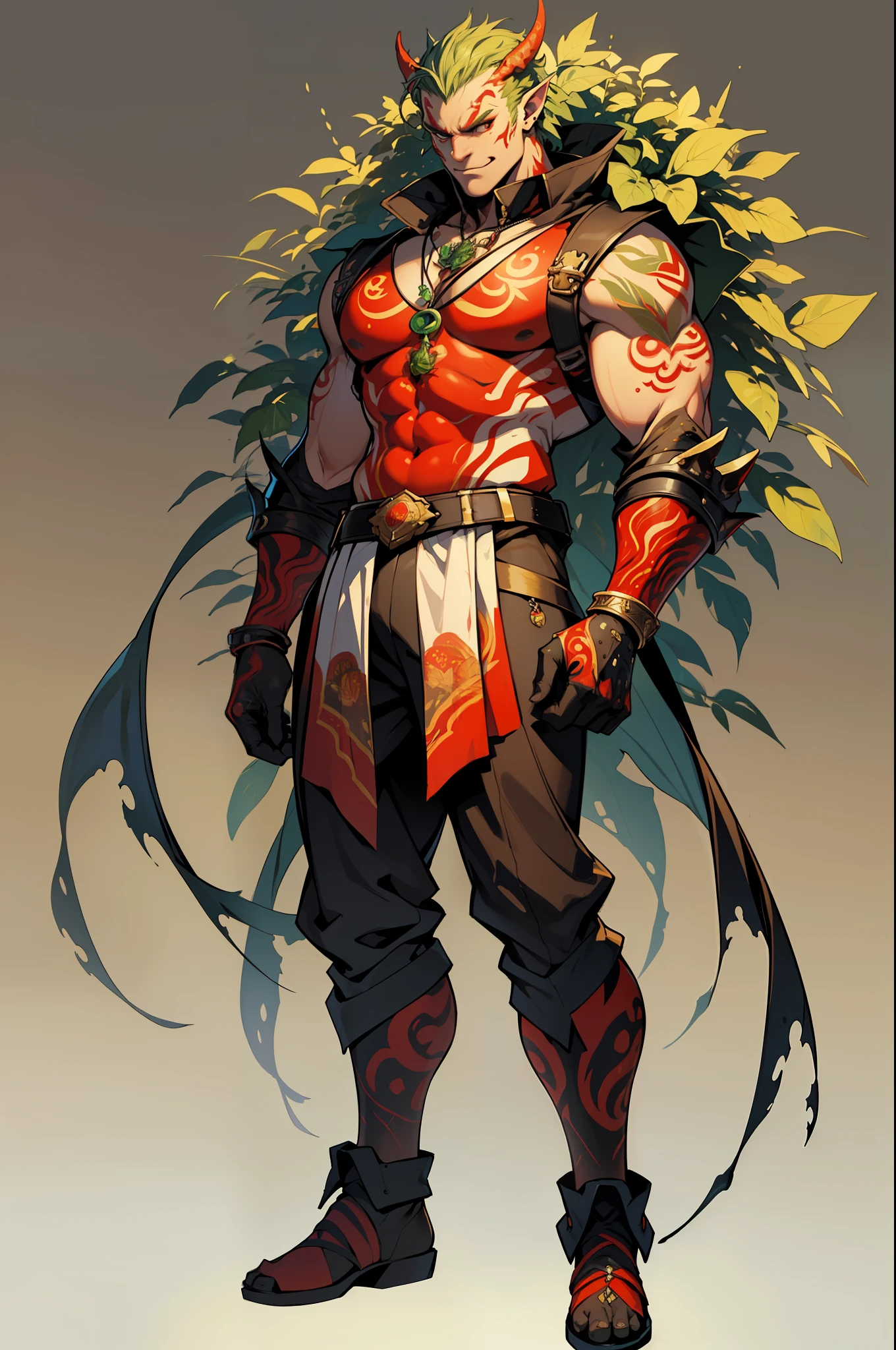 ((top-quality))、((tmasterpiece))、((one male,Full body standing painting))、((very simple background)),(Game character design),Tomatoes anthropomorphic monsters,(Leaves and tomatoes blend with the body),female orc,luminous body,Ornaments with tomato motifs,cyber punk perssonage,独奏,Fighting posture