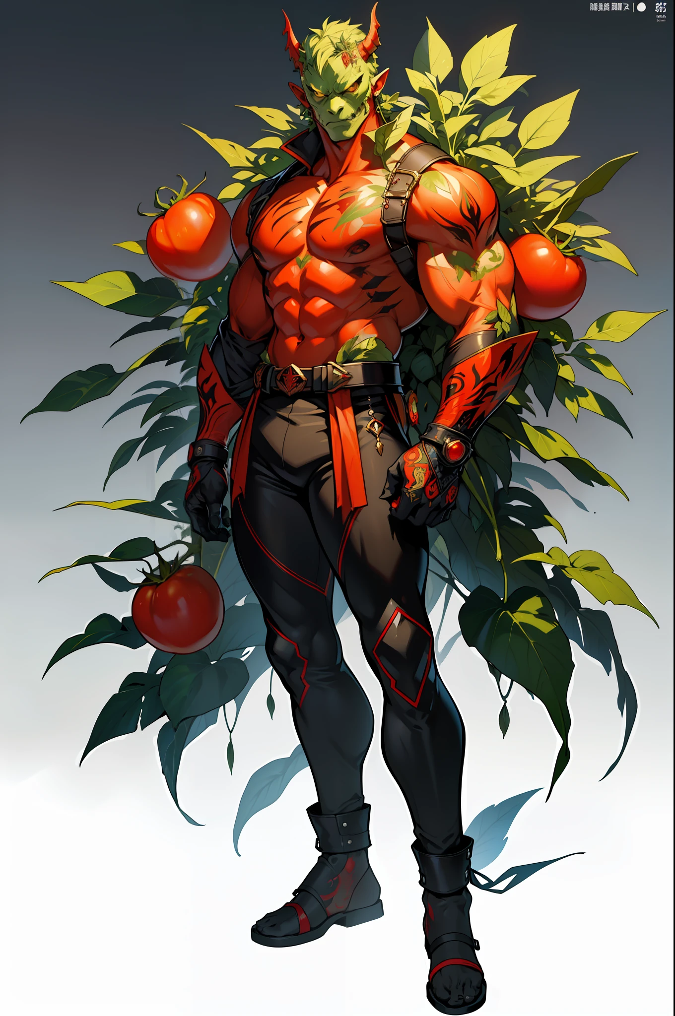 ((top-quality))、((tmasterpiece))、((one male，Full body standing painting))、((very simple background))，(Game character design)，Tomatoes anthropomorphic monsters，(Leaves and tomatoes blend with the body)，female orc，luminous body，Ornaments with tomato motifs，cyber punk perssonage，独奏，Fighting posture