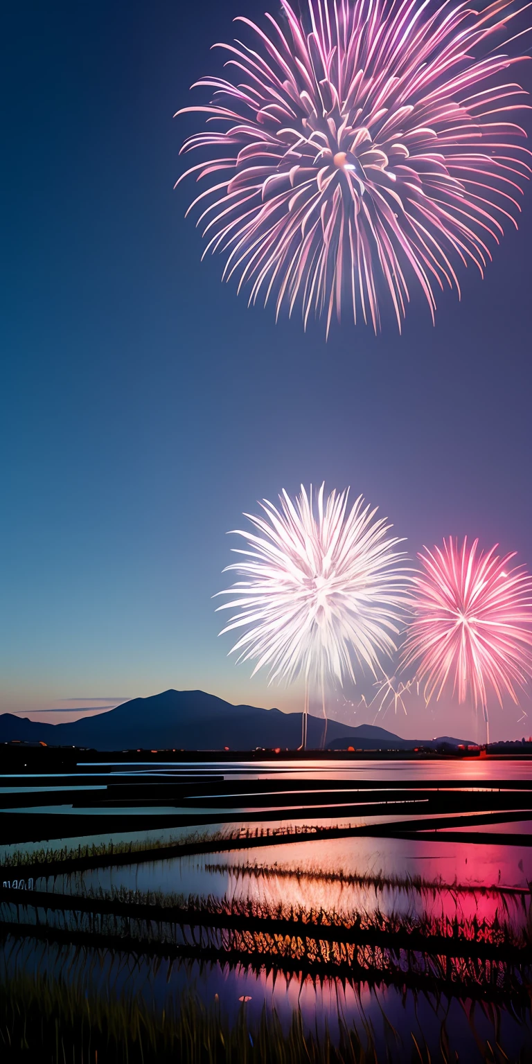 A tranquil night in the rural landscapes of Ehime, Japan. The vast expanse of rice paddies and traditional farmhouses is suddenly brought to life by the vibrant burst of fireworks in the sky. Medium: Photography. Style: Photo hyper-realism, capturing the juxtaposition of the serene countryside and the dynamic fireworks. Lighting: The radiant glow from the fireworks illuminates the night, casting reflections on the water-filled rice fields. Colors: Deep blues of the night sky contrasted with the brilliant reds, yellows, and purples of the fireworks. Composition: Nikon Z7 II Mirrorless camera, Nikkor Z 24-70mm f/2.8 S lens, Resolution 45.7 megapixels, ISO sensitivity: 640, Shutter speed 1/50 second, a wide-angle shot capturing both the expansive landscape and the fireworks, with a focus on the reflection in the water. --ar 16:9 --v 5.1 --style raw --q 2 --s 750