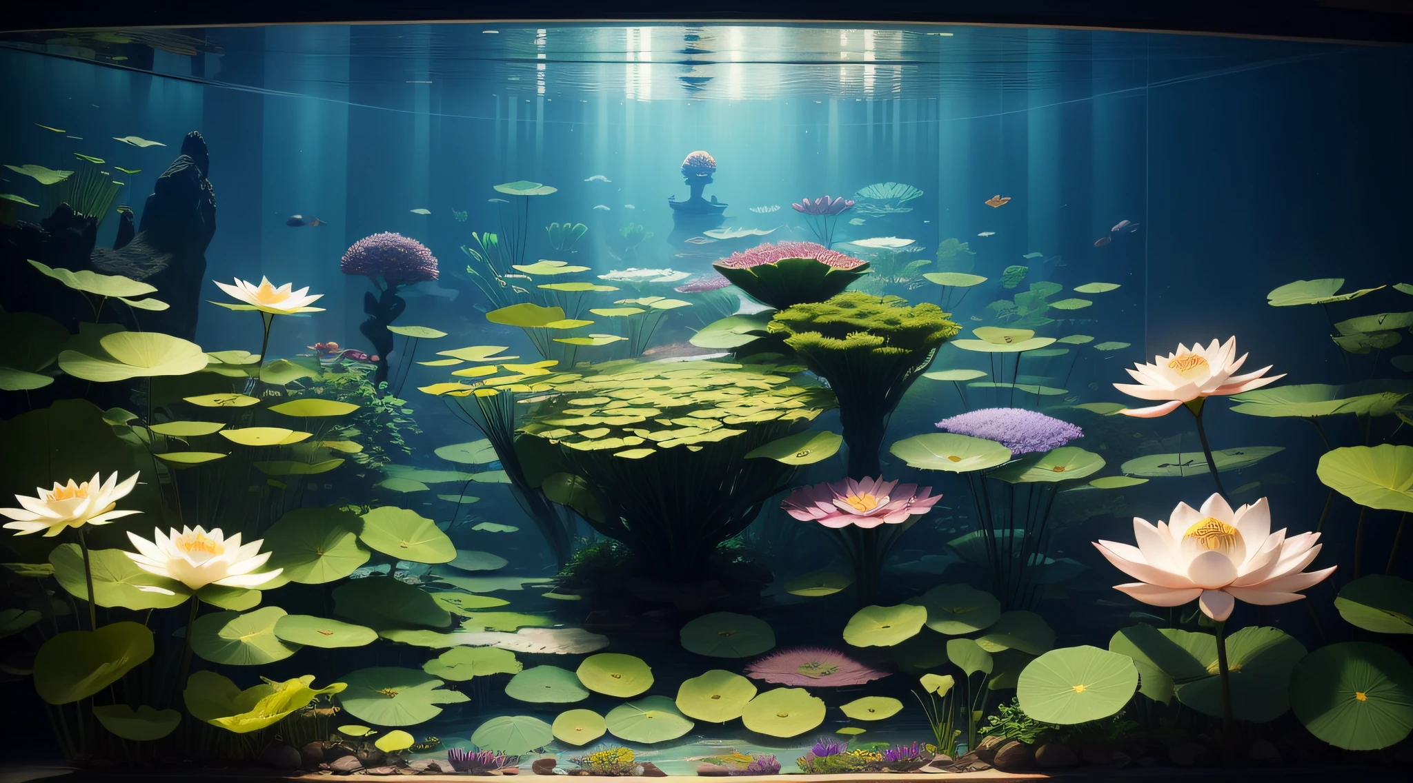 Giant aquarium in an aquarium、Multiple lotus flowers in the aquarium、top-quality、8K、masterpiece、a picture、Photorealsitic、Raw photography、top-quality、high-detail、真实感、photos realistic、Professional color correction