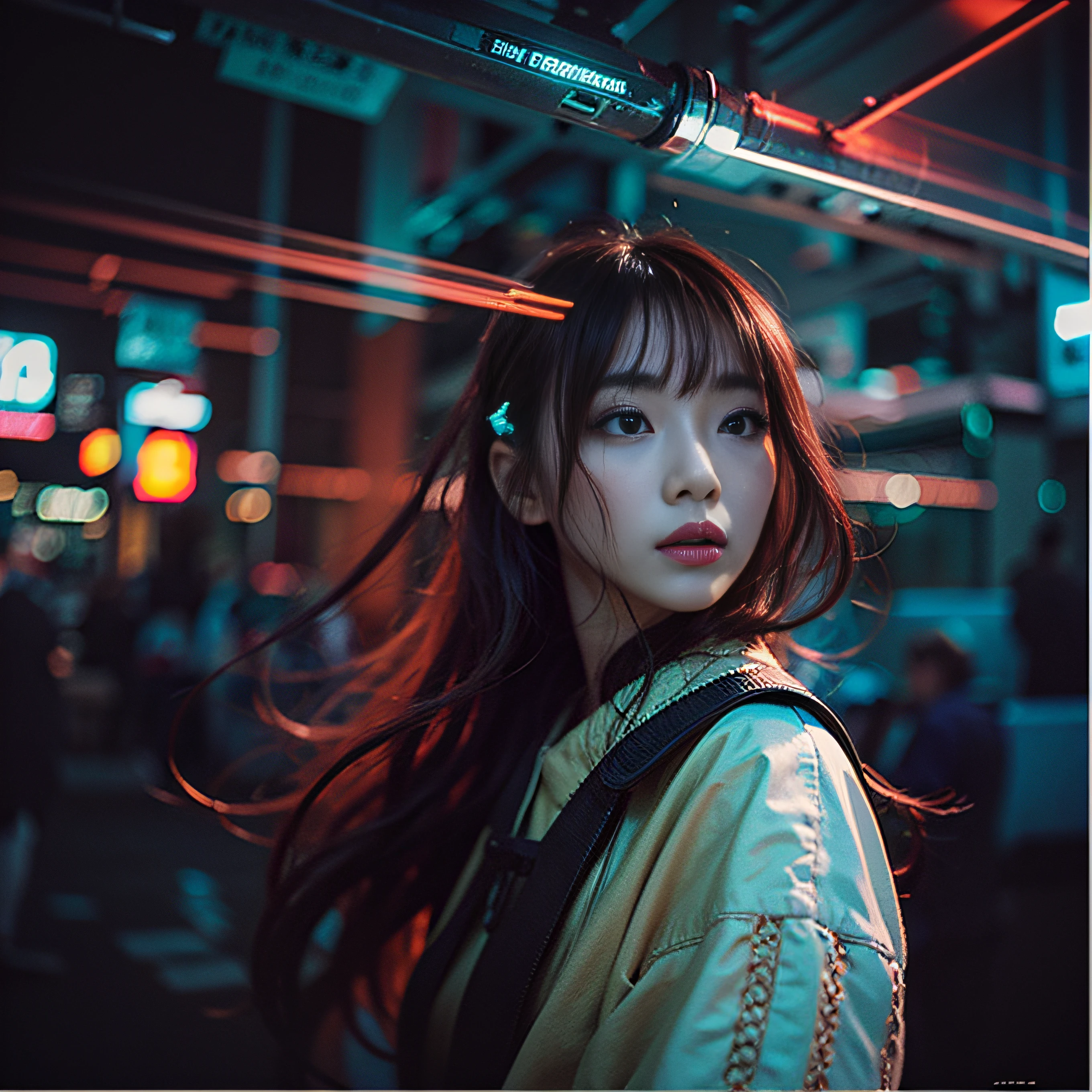 8K, RAW Photos, top-quality, masterpiece: 1.2),fish-eye lens、(((Wide View)))、fish-eye lens、Reach out and jump pose、Hair disheveled in the wind、fully body photo、Red or orange neon、Cyberpunk movies、Raw photo of beautiful Korean 20 year old woman、Half Face、deep in the night、darkened room、hightquality、More skin、Lustrous skin、clearface、cinema shot、nffsw、foco nítido