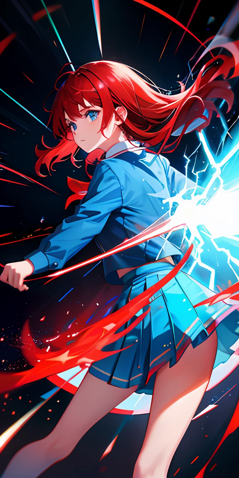 Many blue lightning bolts surround a girl,There is a constant blasting effect,Red pleated skirt,White shirt,red bow,Black-red hair,