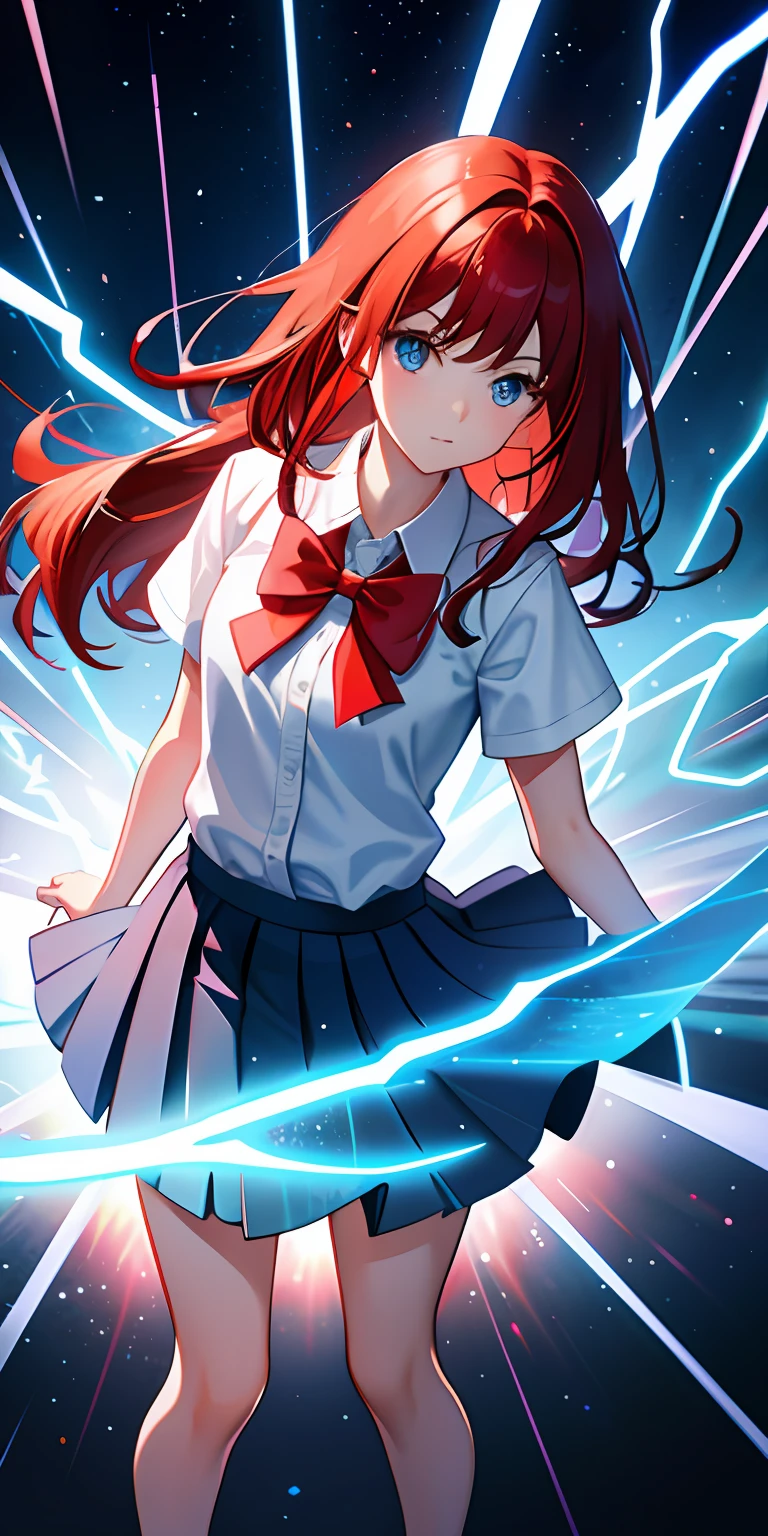 Many blue lightning bolts surround a girl,There is a constant blasting effect,Red pleated skirt,White shirt,red bow,Black-red hair,