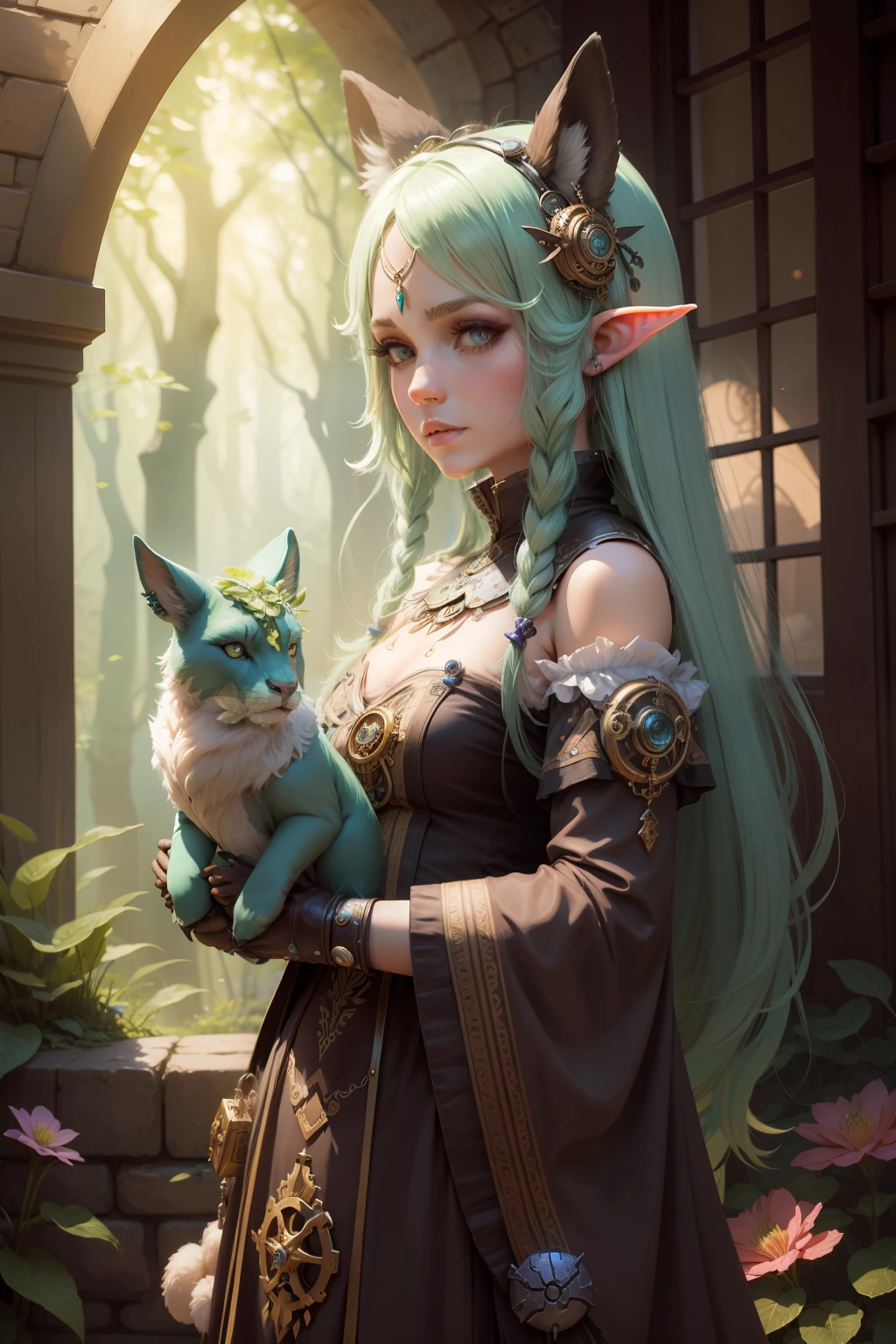 Character Eladrin Spring Girl Aetherpunk Druid support of the shepherd's circle with her wild steampunk mechanical robotic animals native to the new world