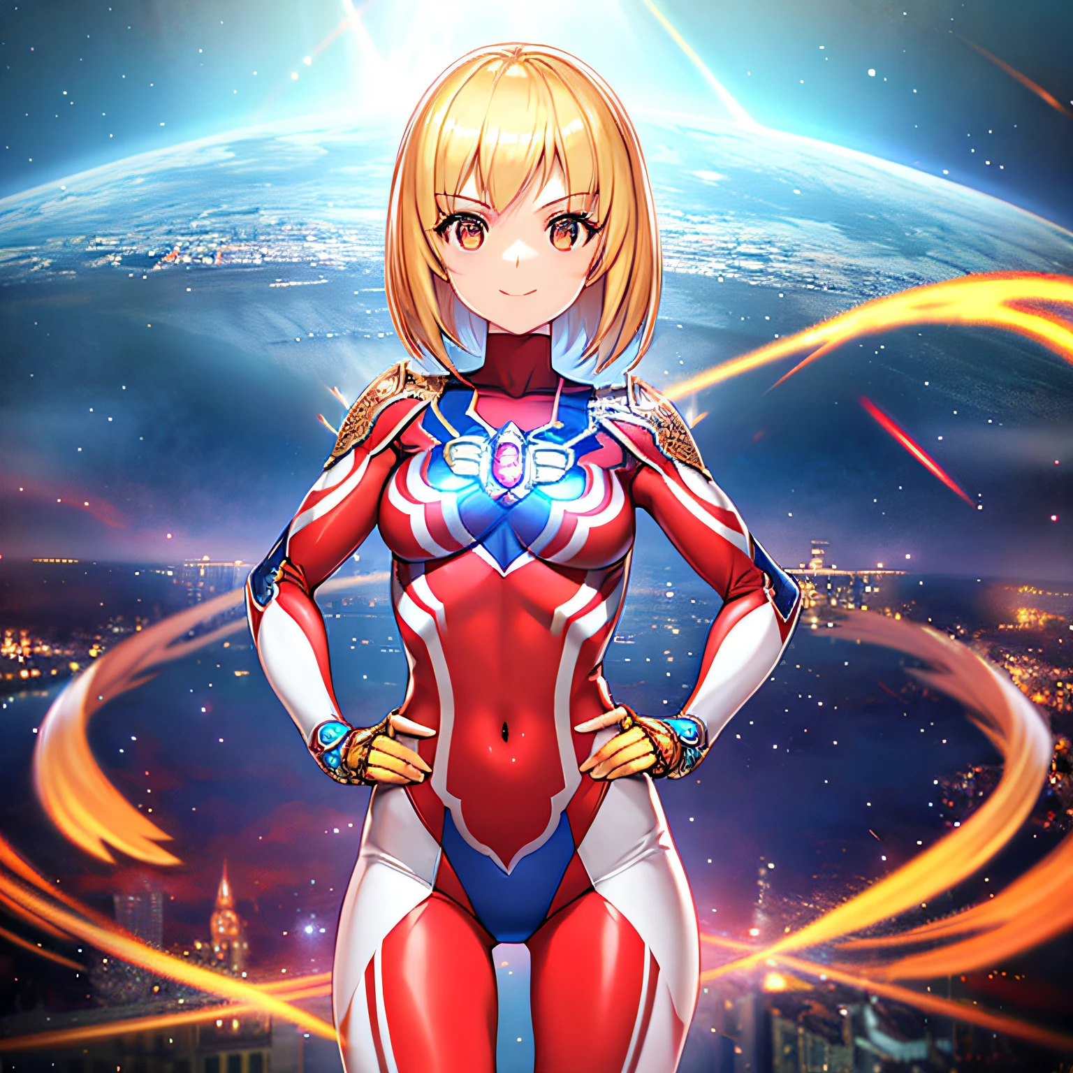 extremely detailed CG unreal engine 8k, Best quality, 1girll, Beautiful detailed girl, young girl, (ULTGP :1.0), ultraman bodysuit, Small breasts, full bodyesbian, Light smile, double tails, Hands on hips, standing, (Detailed fingers, Detailed hands, Detailed face), all intricate detailed buildings behind, outside