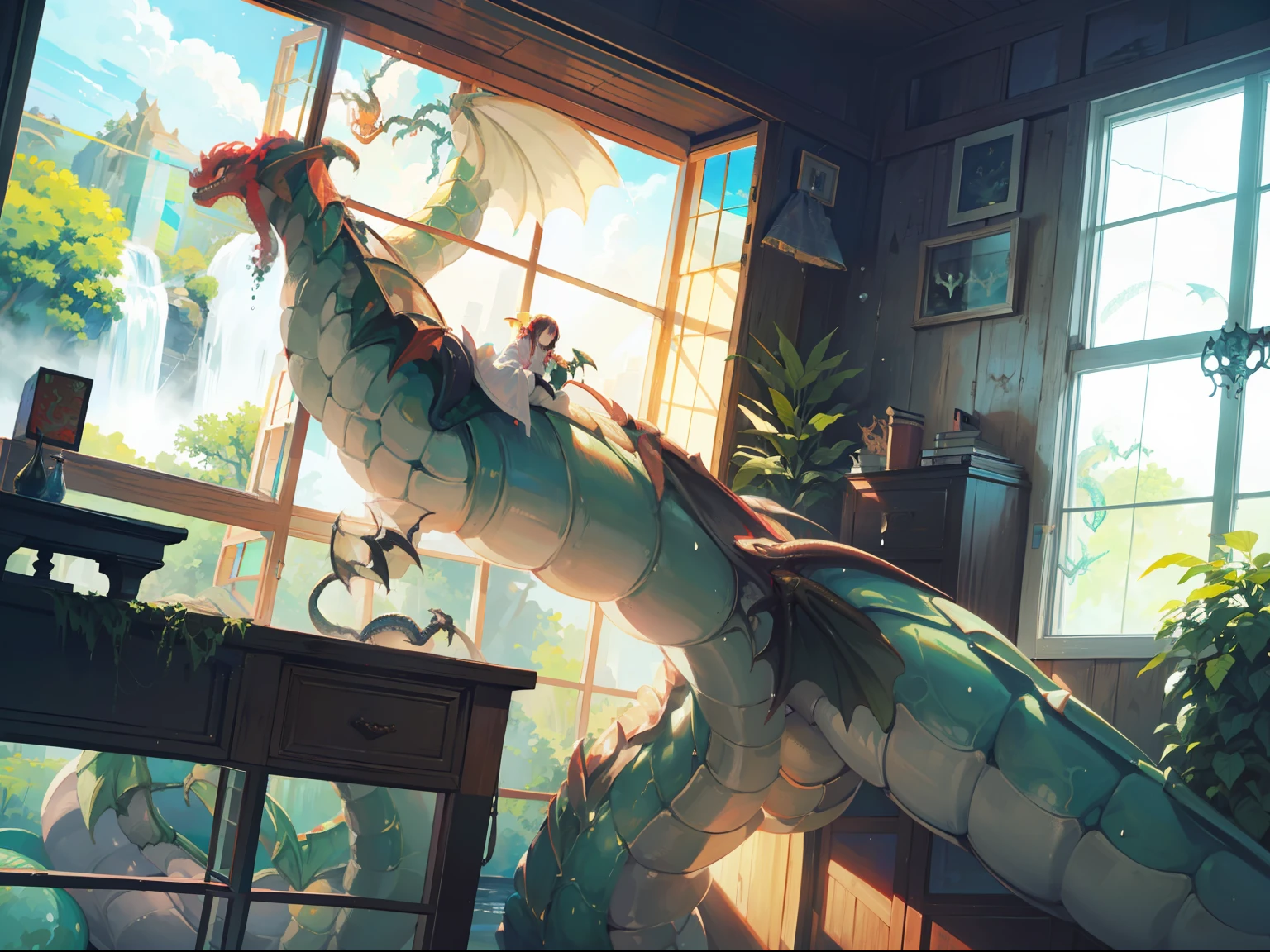 Water, splash, waterfall, a , Best quality, 4k, (a window:2), water, plants, (dragon:2), bright summer light, 11am, high angle,