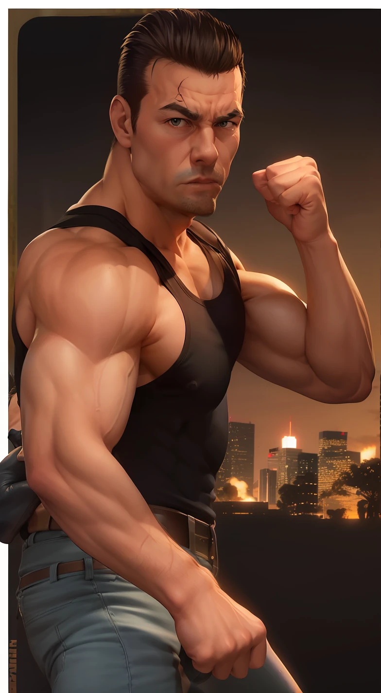 a close up of a man with a fist in his hand, musculoso!! scientific fiction, in the movie hard target (1993), Tom Cruise como Kenshiro, musculoso! Cyberpunk, musculoso!!!, Joe Biden musculoso, homem buff, Big biceps, Arnold Schwarzenegger, muscular arms, Arnold, Arnaldo 3, Cartaz do filme de Street Fighter, musculoso!!, musculoso!