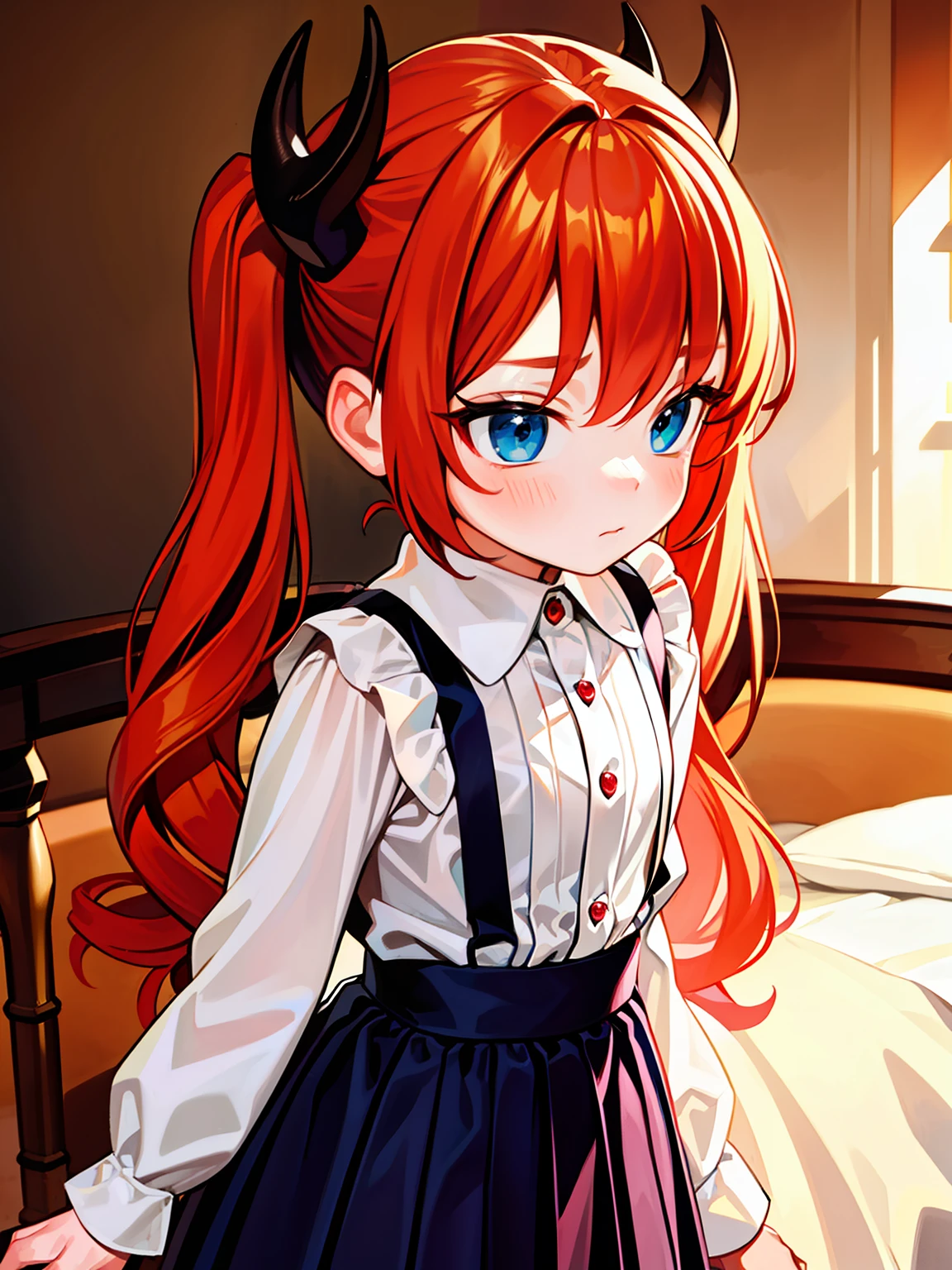 {{best quality}}, {{masterpiece}}, {{ultra-detailed}}, {illustration}, {detailed light}, red hair,blue eyes,twintails,ta,Suspenders skirt,Fantastic,lolio,Dragon horns,little gir
