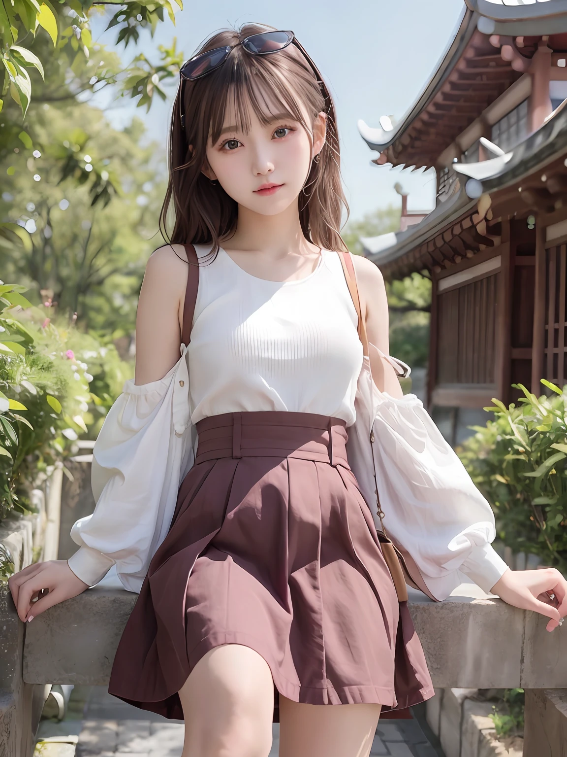 realisitic、女の子1人、white hair、Purple eyes、radiant eyes、cropped top、skirt by the、Parted lips、red blush、natta、florals、suns、sunlights、fullnude、a short skirt、medium lenght hair、realisitic、Warm colors、Light background color、Japan-China environment、Light color background、Saudi、mare、cute little、A sexy