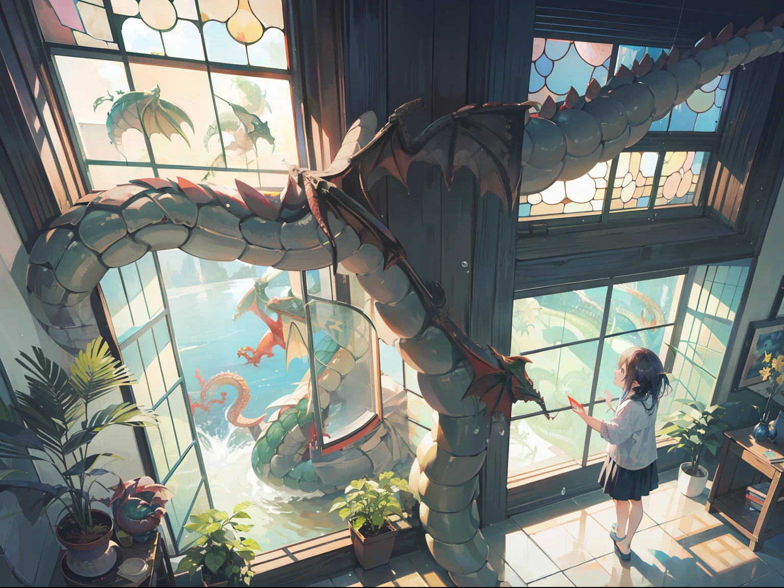 Water, splash, waterfall, a small girl, Best quality, 4k, (a window:2), water, plants, (dragon:2), bright summer light, 11am, high angle,