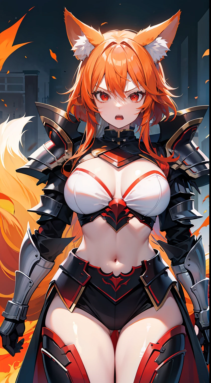 Adult woman, llong orange hair, Fox ears, red-eyes, Tight Korean armor, anger, Masterpiece, hiquality