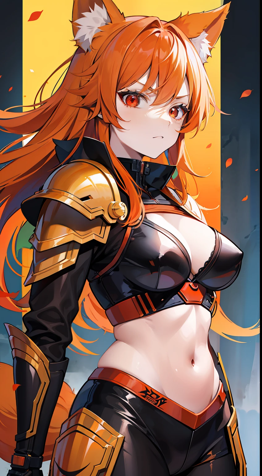 Adult woman, llong orange hair, Fox ears, red-eyes, Tight Korean armor, anger, Masterpiece, hiquality