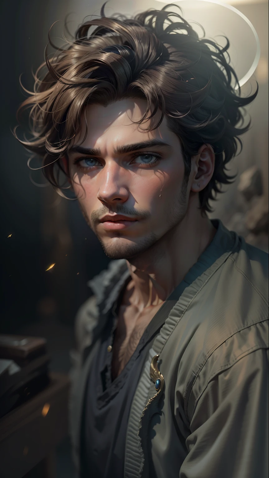 melhor qualidade, obra-prima, parte superior do corpo, jovem bonito, asas angelicais, halo, (masculino, homem), hair messy, cabelo medio, caindo sobre os olhos, graves, dramatic pose, cinematic lighthing, fotorrealista , dinamic pose, foco nítido, arte de fantasia dos anos 80, (fotorrealista: 1.4), (obra-prima, lindos olhos finamente detalhados: 1.2), obra-prima*retrato, realista, rosto 3d, olhos brilhantes, cabelo preto.