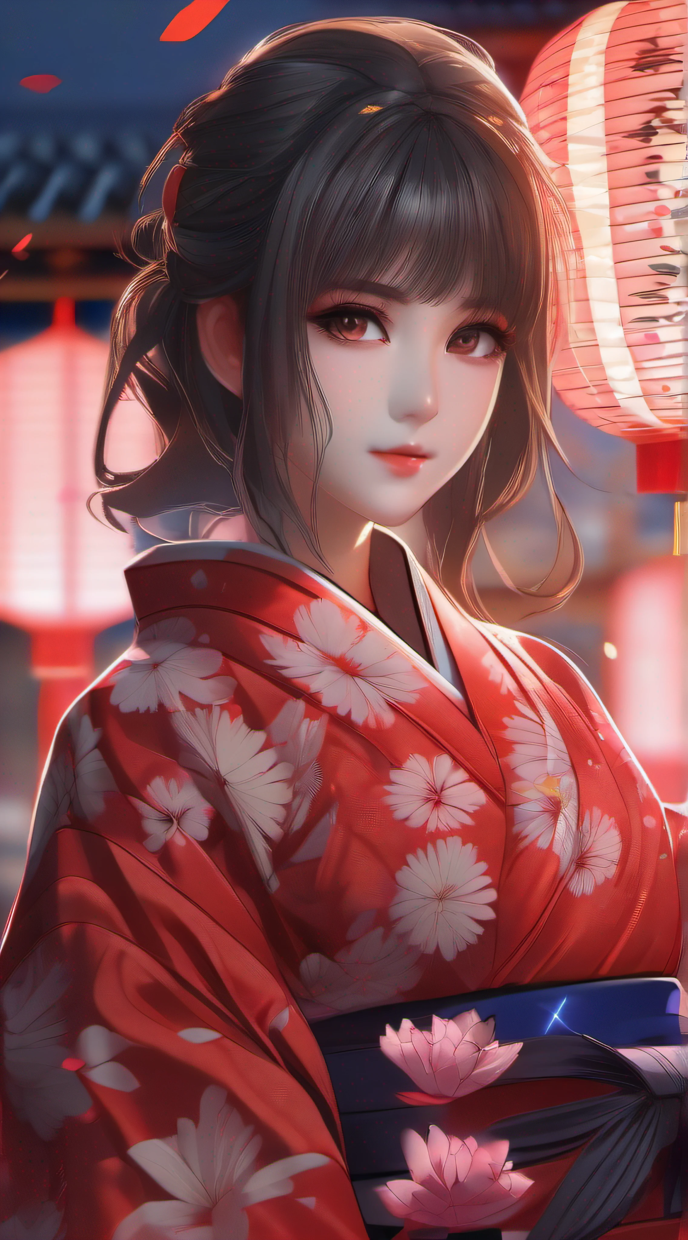 8k, RAW, highest quality, super high res, 1girl, portrait,super definition, high res, solo, beautiful girl, shining eyes, perfect eyes, beautiful Japanese girl, red floral yukata, fireworks in background, high quality