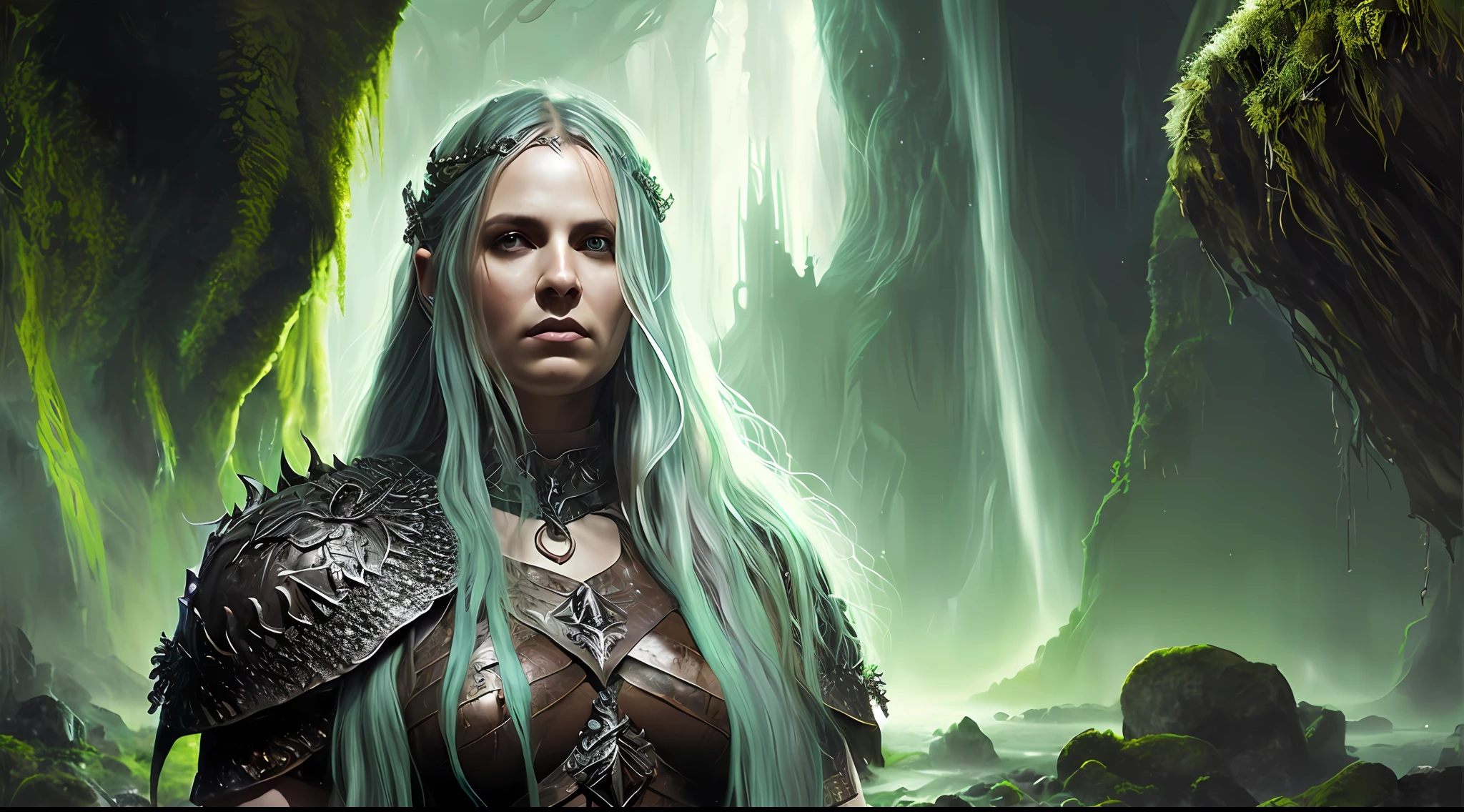 Realistic digital painting portrait of a Gothic female Viking warrior, (cabelo loiro comprido:1.1), (olhos azuis:1.5), (Dungeon and Dragon:1.3), dark and green magical forest, armadura preta e dourada acolchoada, spades, escudo , (fundo abstrato:1.2), (clear particle:1.1), (pele muito detalhada:1.2), (conceito do jogo:1.3), (estilo elden ring:1.3), (estilo arcano:0.8), (profundidade de campo:1.3), global ilumination, arte de hoang lap e fuji choko e artgerm e greg rutkowski e viktoria gavrilenko