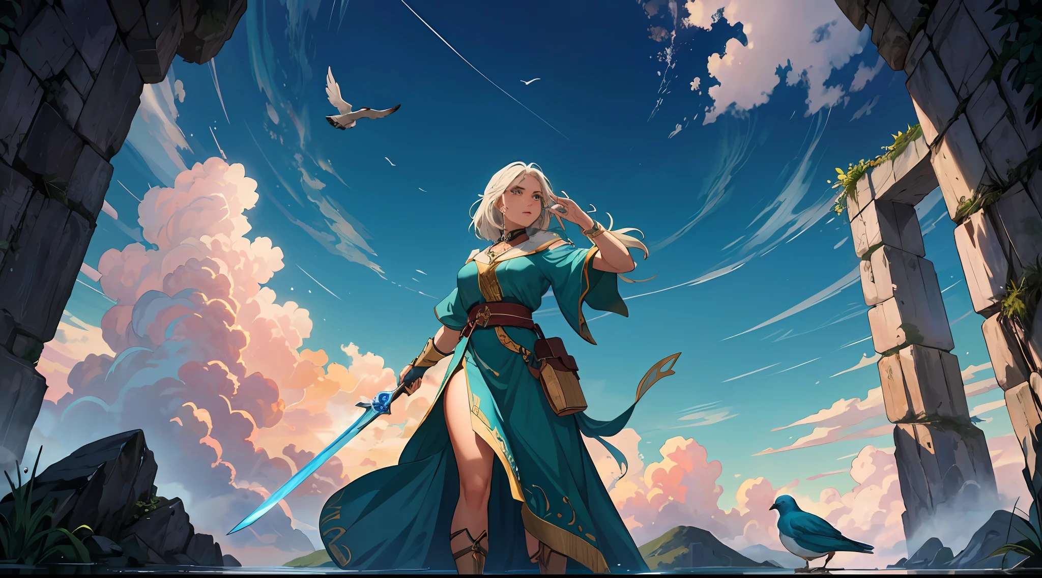 fotografia de paisagem expansiva, (a view from below that shows the sky above and the open field below), A warrior woman standing in a lake looking up holding her sword to the heavens in search of a blessing, nuvens, birds, montanha distante, brazi, Production art, (fonte de luz quente: 1.2), animais selvagens, folhas ao vento, muito verde e azul, detalhes complexos, volumeric lighting, Realismo, obra-prima, melhor qualidade, 4k, ultra-detalhado, dynamic compositing, altamente detalhado, detalhes coloridos, (cores iridescentes: 1.2), (bright illumination, Atmospheric Illumination), sonhador, Magia, sozinha