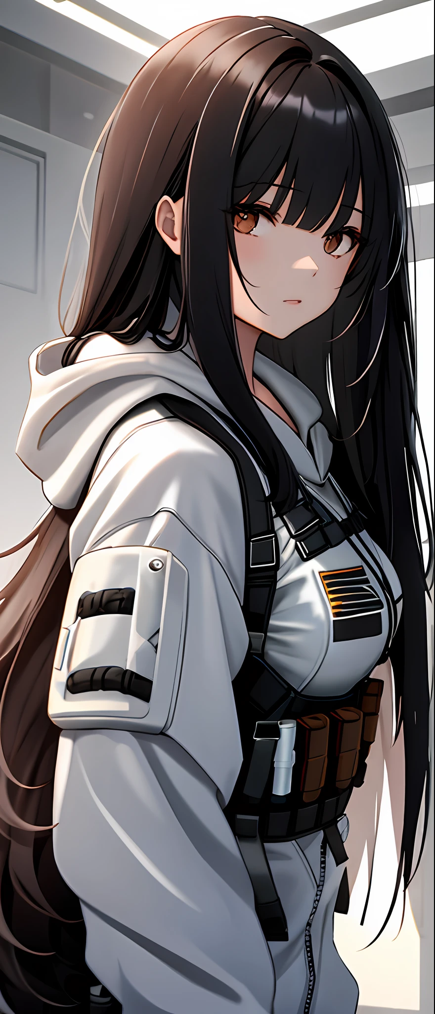 best quality,masterpiece, upper body,Fair skin,blunt bangs,gladient hair,look down on,extremely long hair,spreading hair,ivory hair,little young girl,hoodie,black mask,gun,artificial hand,exoskeleton,bulletproof vest