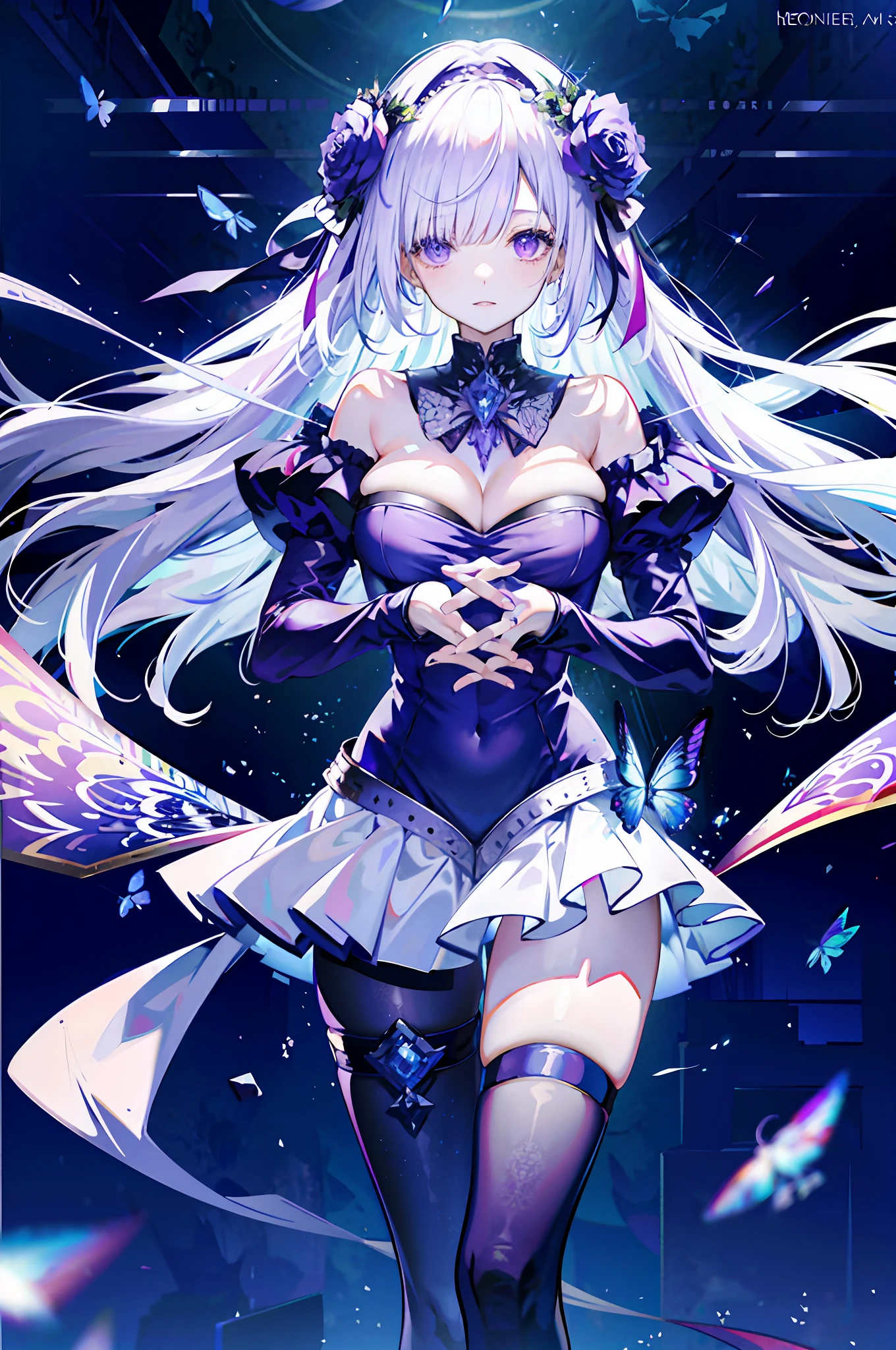 silber hair,butterflys,long whitr hair,8k wallpaper,detailedbackground,Highest high resolution,deep v big breasts,Hair covers one eye,Bandeau,Church background,Purple roses,tight-fitting,themoon,
