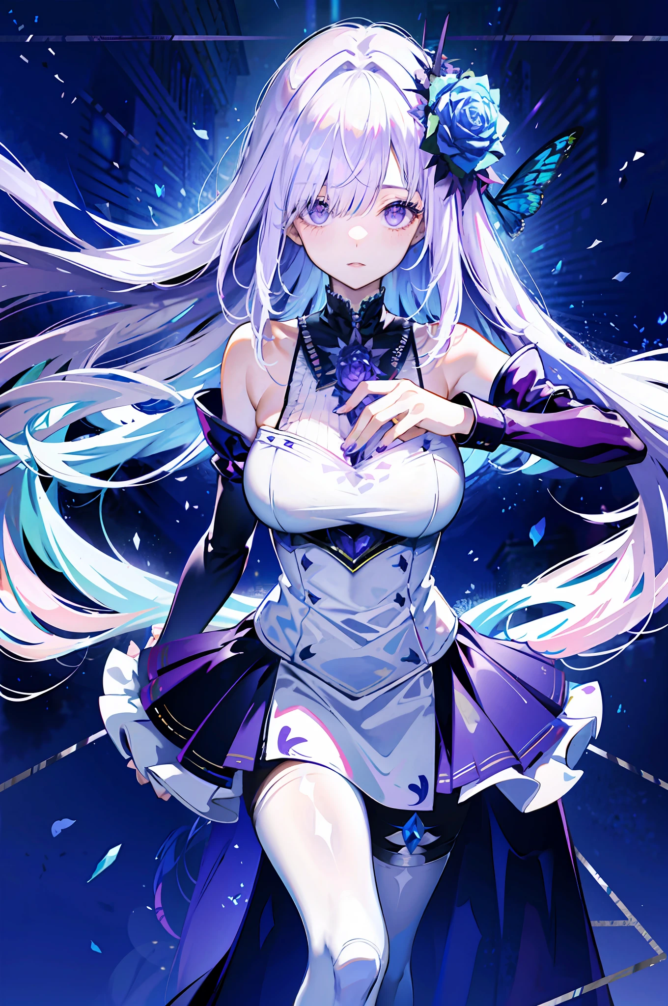 silber hair，butterflys，long whitr hair，8k wallpaper，detailedbackground，Highest high resolution，deep v big breasts，Hair covers one eye，Bandeau，Church background，Purple roses，tight-fitting，themoon，