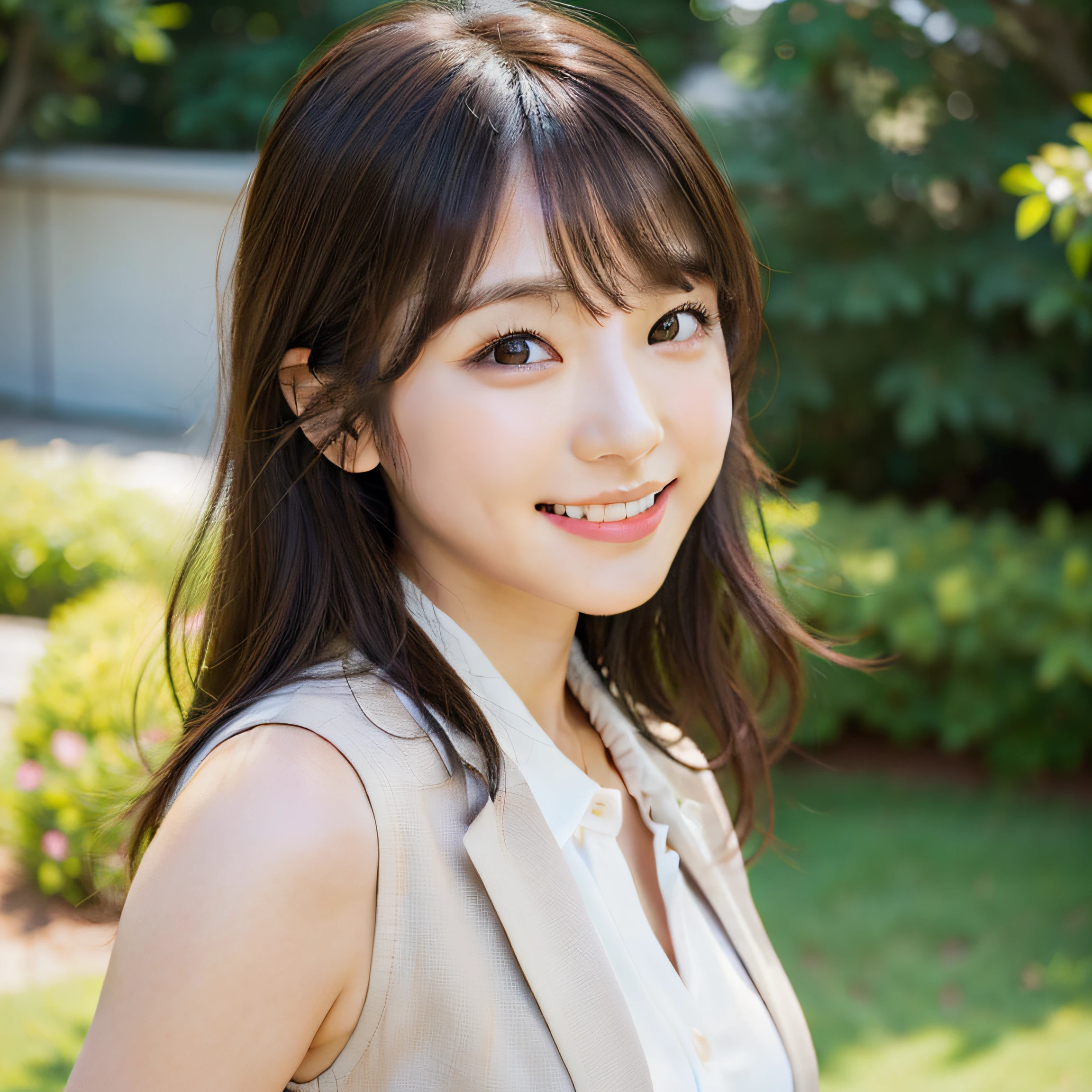 8k RAW photo,Best Quality, top-quality:1.1, masterpiece:1.3,超A high resolution, (Photorealistic:1.4), Raw photo, (upper thigh:1.5, From Side), natural skin textures:1.1, realistic eyes and face details:1.2, Full lips,(Background is blurry:1.4), (in a suite), 1日本人の女の子, Cute, (Solo:1.6), (Shy smile), (Dark brown eyes), Smooth skin, (Brown medium hair,Bangs), (touch hair:1.4),nogizaka,a park,suits、full bodyesbian、:1.5、Officelady:1.2